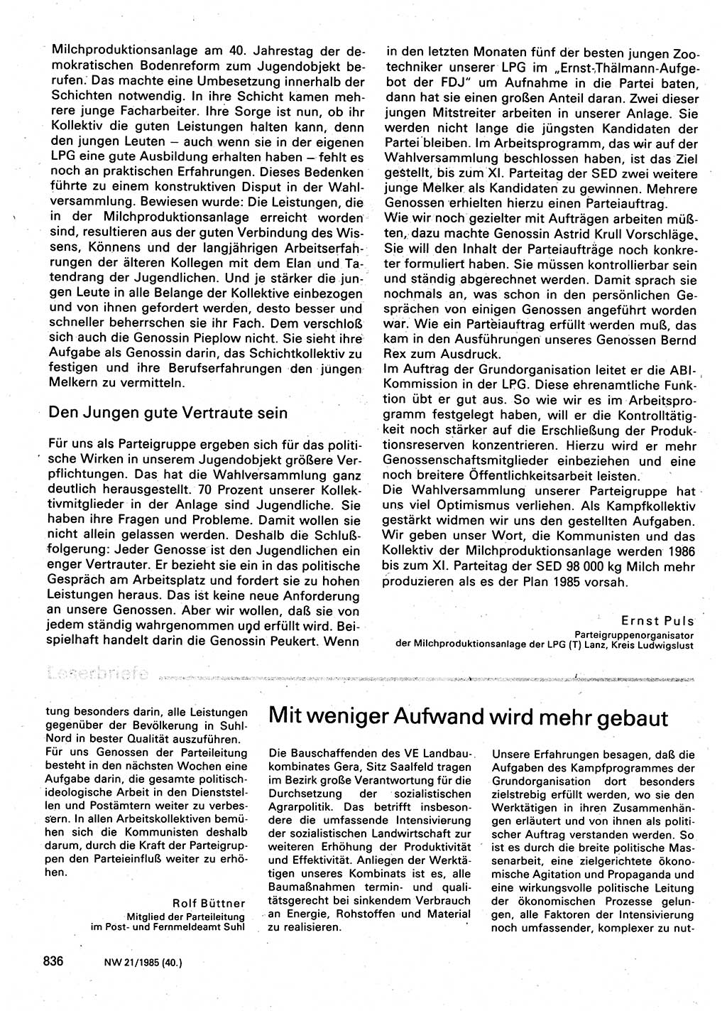 Neuer Weg (NW), Organ des Zentralkomitees (ZK) der SED (Sozialistische Einheitspartei Deutschlands) für Fragen des Parteilebens, 40. Jahrgang [Deutsche Demokratische Republik (DDR)] 1985, Seite 836 (NW ZK SED DDR 1985, S. 836)