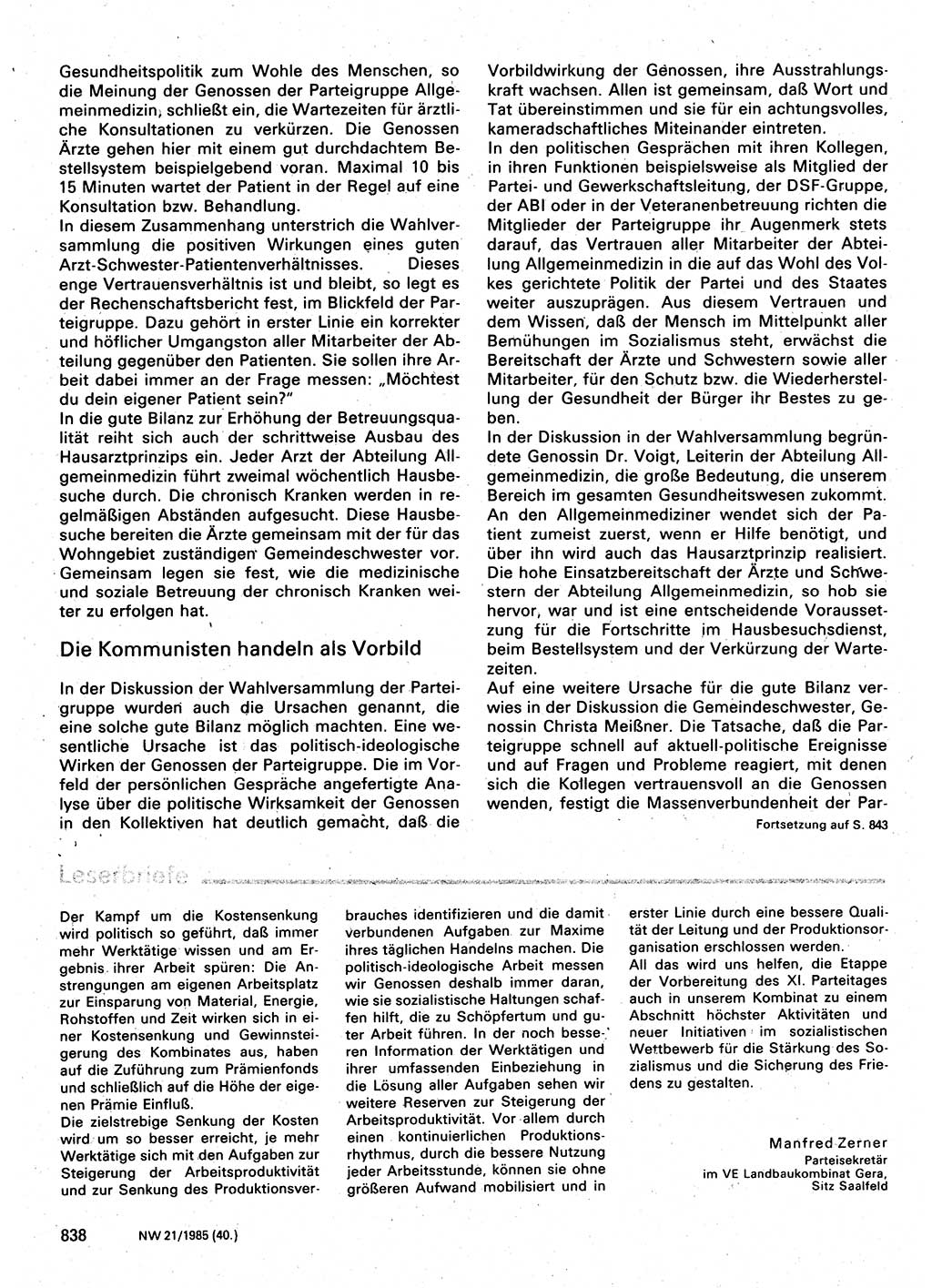 Neuer Weg (NW), Organ des Zentralkomitees (ZK) der SED (Sozialistische Einheitspartei Deutschlands) für Fragen des Parteilebens, 40. Jahrgang [Deutsche Demokratische Republik (DDR)] 1985, Seite 838 (NW ZK SED DDR 1985, S. 838)