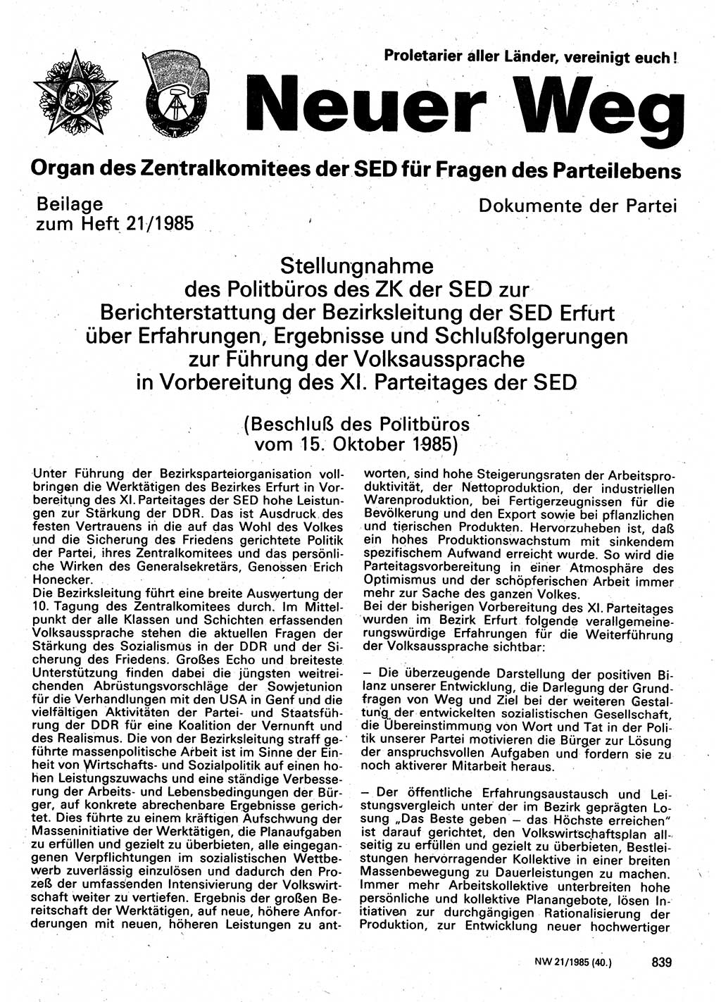 Neuer Weg (NW), Organ des Zentralkomitees (ZK) der SED (Sozialistische Einheitspartei Deutschlands) für Fragen des Parteilebens, 40. Jahrgang [Deutsche Demokratische Republik (DDR)] 1985, Seite 839 (NW ZK SED DDR 1985, S. 839)