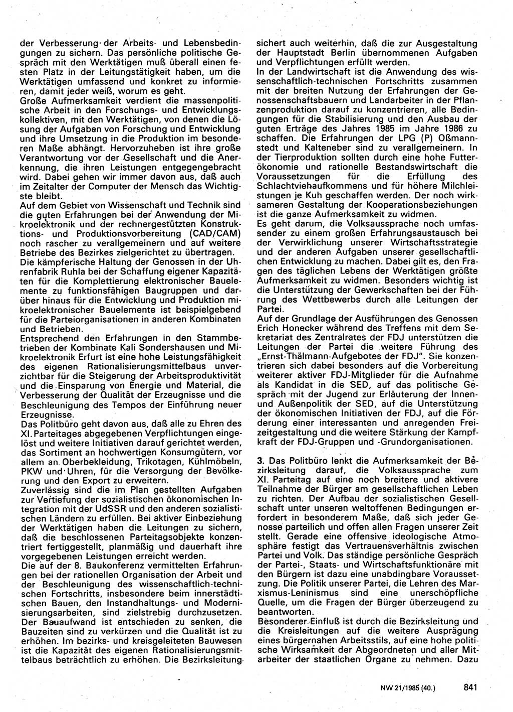 Neuer Weg (NW), Organ des Zentralkomitees (ZK) der SED (Sozialistische Einheitspartei Deutschlands) für Fragen des Parteilebens, 40. Jahrgang [Deutsche Demokratische Republik (DDR)] 1985, Seite 841 (NW ZK SED DDR 1985, S. 841)