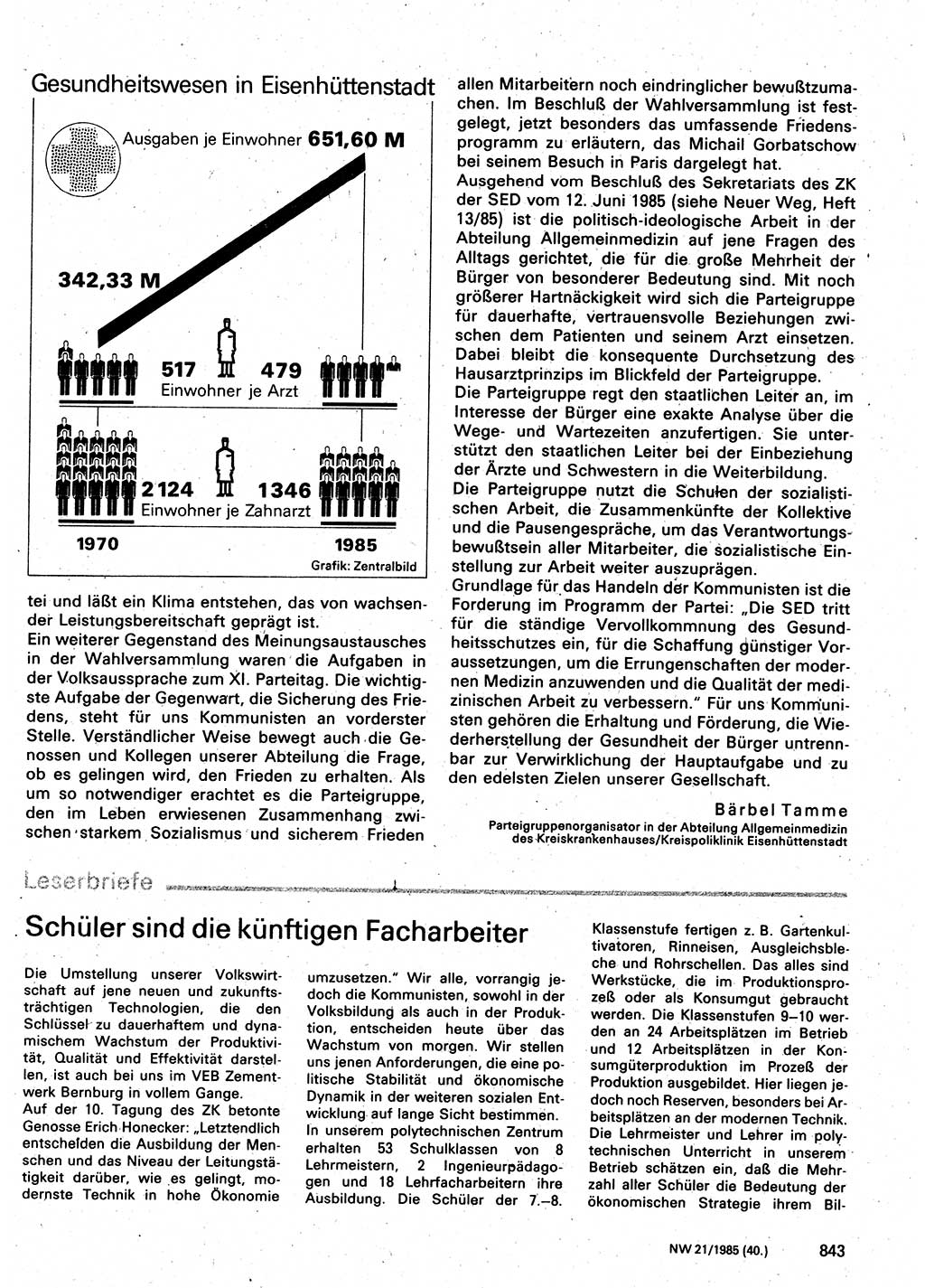 Neuer Weg (NW), Organ des Zentralkomitees (ZK) der SED (Sozialistische Einheitspartei Deutschlands) für Fragen des Parteilebens, 40. Jahrgang [Deutsche Demokratische Republik (DDR)] 1985, Seite 843 (NW ZK SED DDR 1985, S. 843)