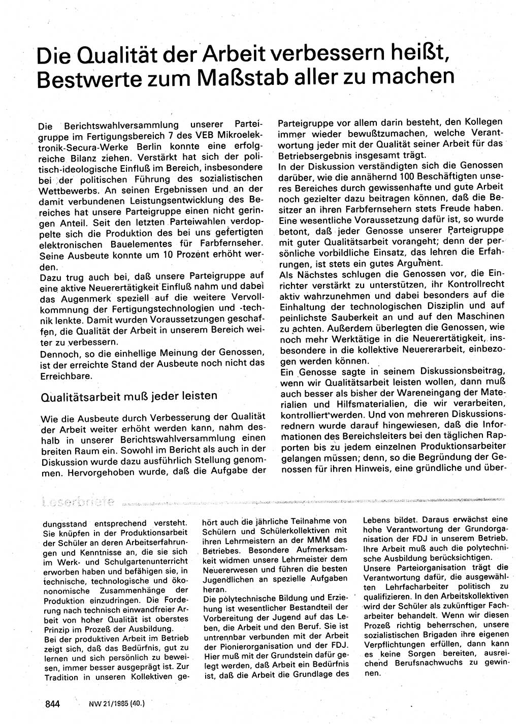 Neuer Weg (NW), Organ des Zentralkomitees (ZK) der SED (Sozialistische Einheitspartei Deutschlands) für Fragen des Parteilebens, 40. Jahrgang [Deutsche Demokratische Republik (DDR)] 1985, Seite 844 (NW ZK SED DDR 1985, S. 844)
