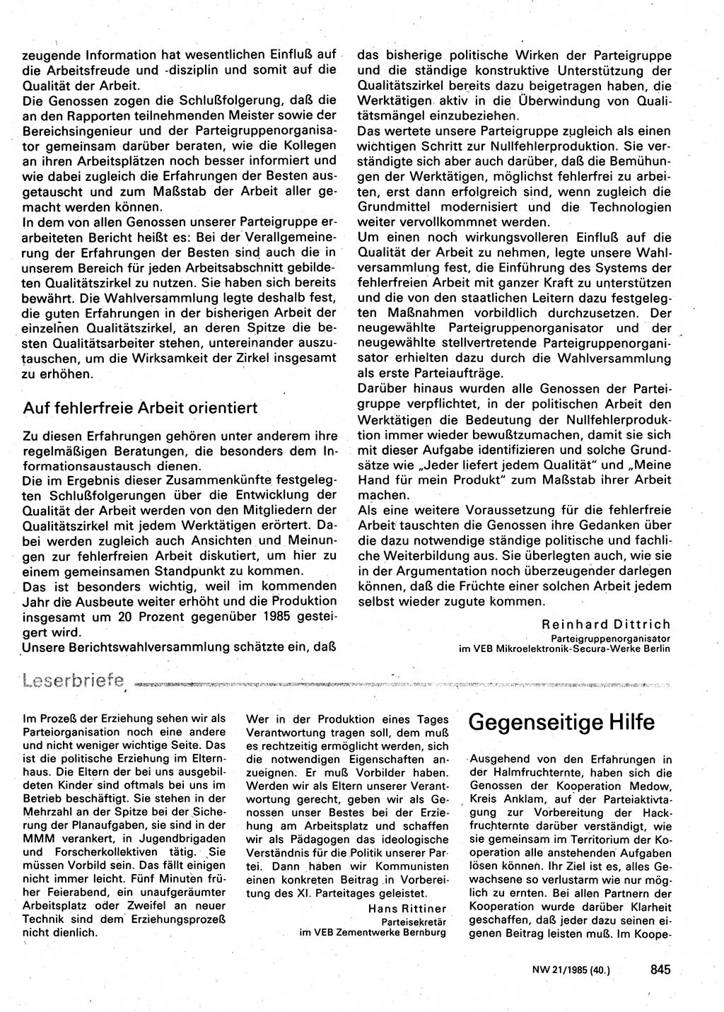 Neuer Weg (NW), Organ des Zentralkomitees (ZK) der SED (Sozialistische Einheitspartei Deutschlands) für Fragen des Parteilebens, 40. Jahrgang [Deutsche Demokratische Republik (DDR)] 1985, Seite 845 (NW ZK SED DDR 1985, S. 845)