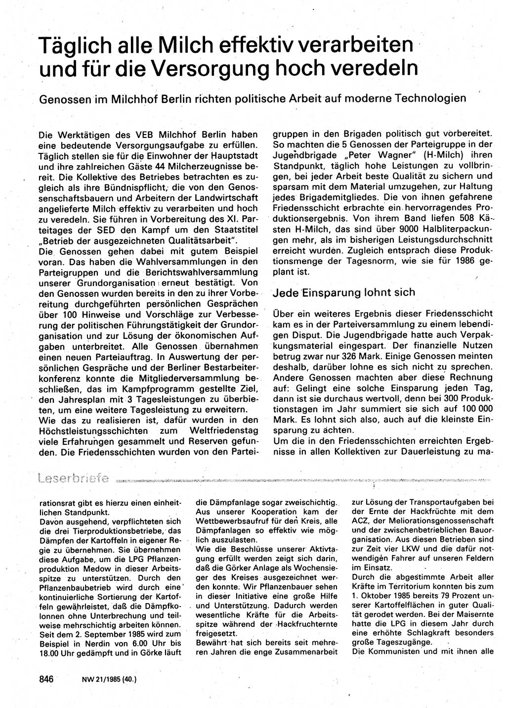 Neuer Weg (NW), Organ des Zentralkomitees (ZK) der SED (Sozialistische Einheitspartei Deutschlands) für Fragen des Parteilebens, 40. Jahrgang [Deutsche Demokratische Republik (DDR)] 1985, Seite 846 (NW ZK SED DDR 1985, S. 846)