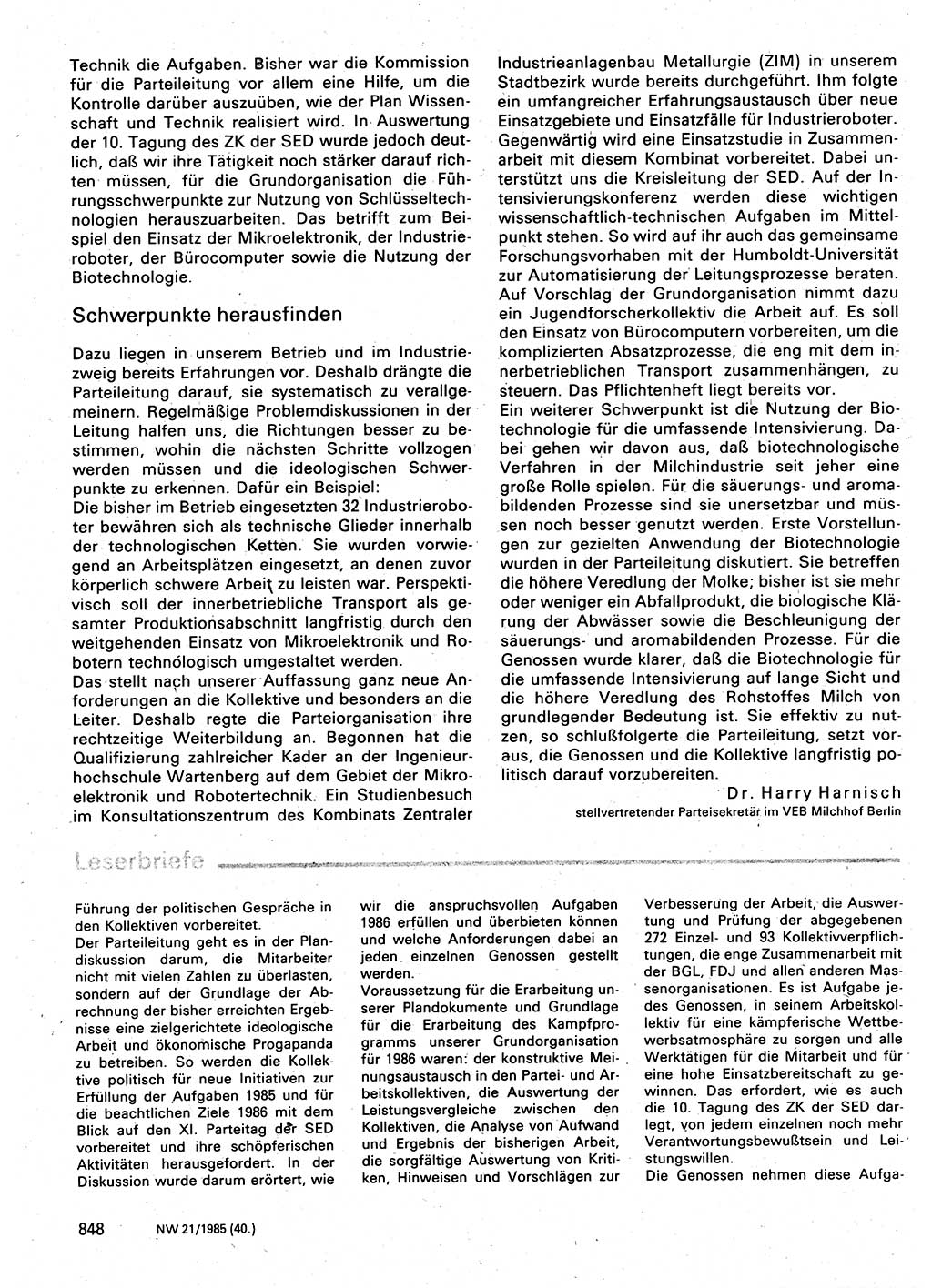 Neuer Weg (NW), Organ des Zentralkomitees (ZK) der SED (Sozialistische Einheitspartei Deutschlands) für Fragen des Parteilebens, 40. Jahrgang [Deutsche Demokratische Republik (DDR)] 1985, Seite 848 (NW ZK SED DDR 1985, S. 848)