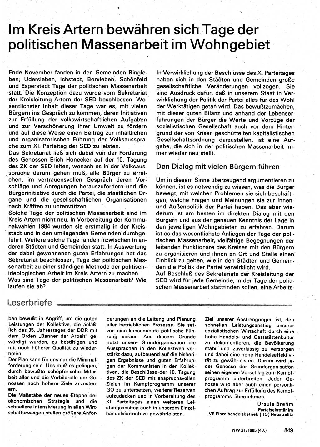 Neuer Weg (NW), Organ des Zentralkomitees (ZK) der SED (Sozialistische Einheitspartei Deutschlands) für Fragen des Parteilebens, 40. Jahrgang [Deutsche Demokratische Republik (DDR)] 1985, Seite 849 (NW ZK SED DDR 1985, S. 849)