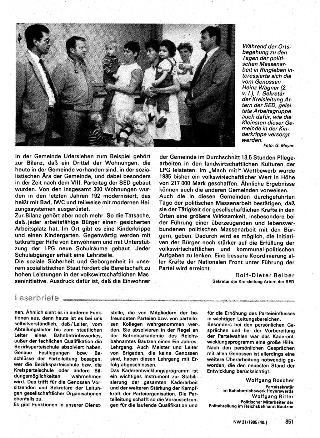 Neuer Weg (NW), Organ des Zentralkomitees (ZK) der SED (Sozialistische Einheitspartei Deutschlands) für Fragen des Parteilebens, 40. Jahrgang [Deutsche Demokratische Republik (DDR)] 1985, Seite 851 (NW ZK SED DDR 1985, S. 851)