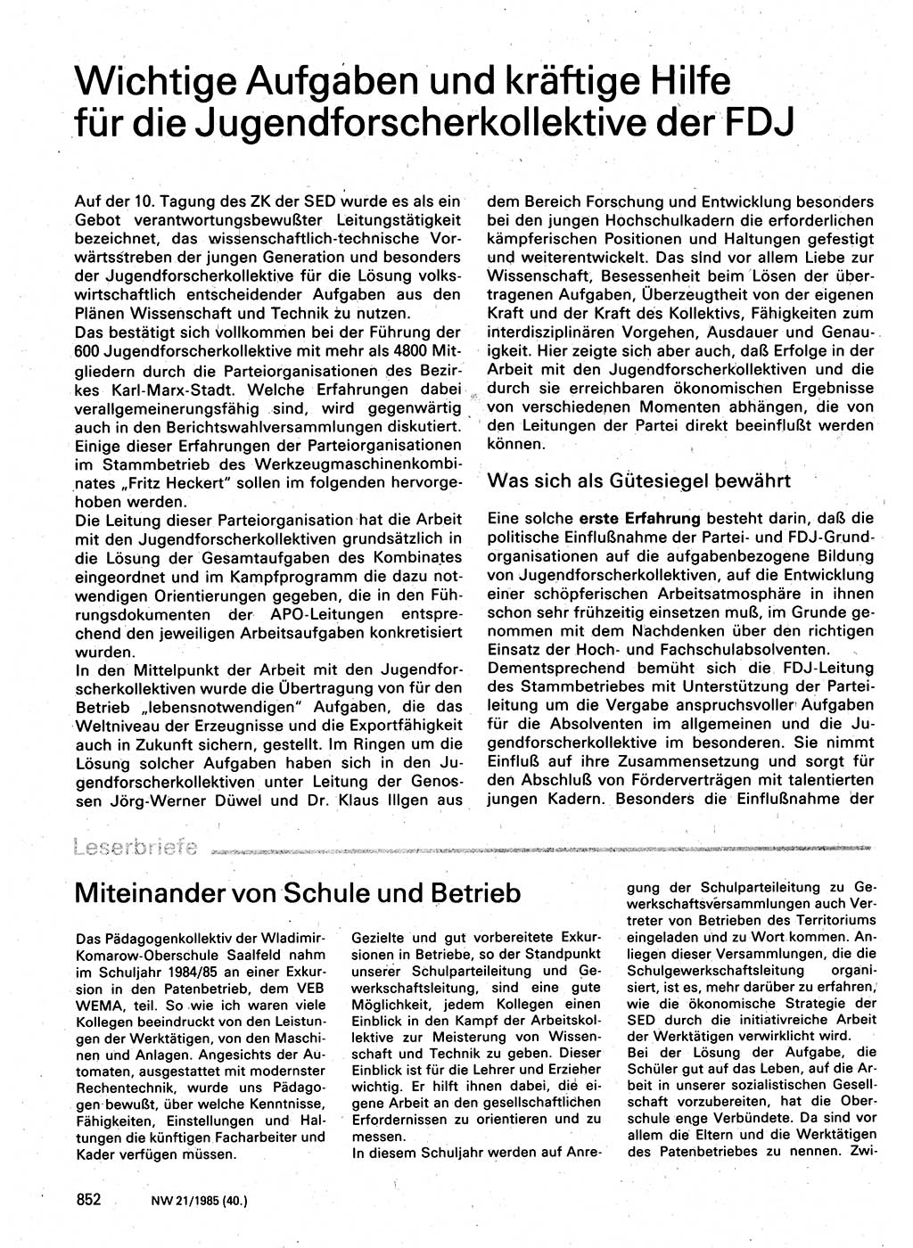 Neuer Weg (NW), Organ des Zentralkomitees (ZK) der SED (Sozialistische Einheitspartei Deutschlands) für Fragen des Parteilebens, 40. Jahrgang [Deutsche Demokratische Republik (DDR)] 1985, Seite 852 (NW ZK SED DDR 1985, S. 852)