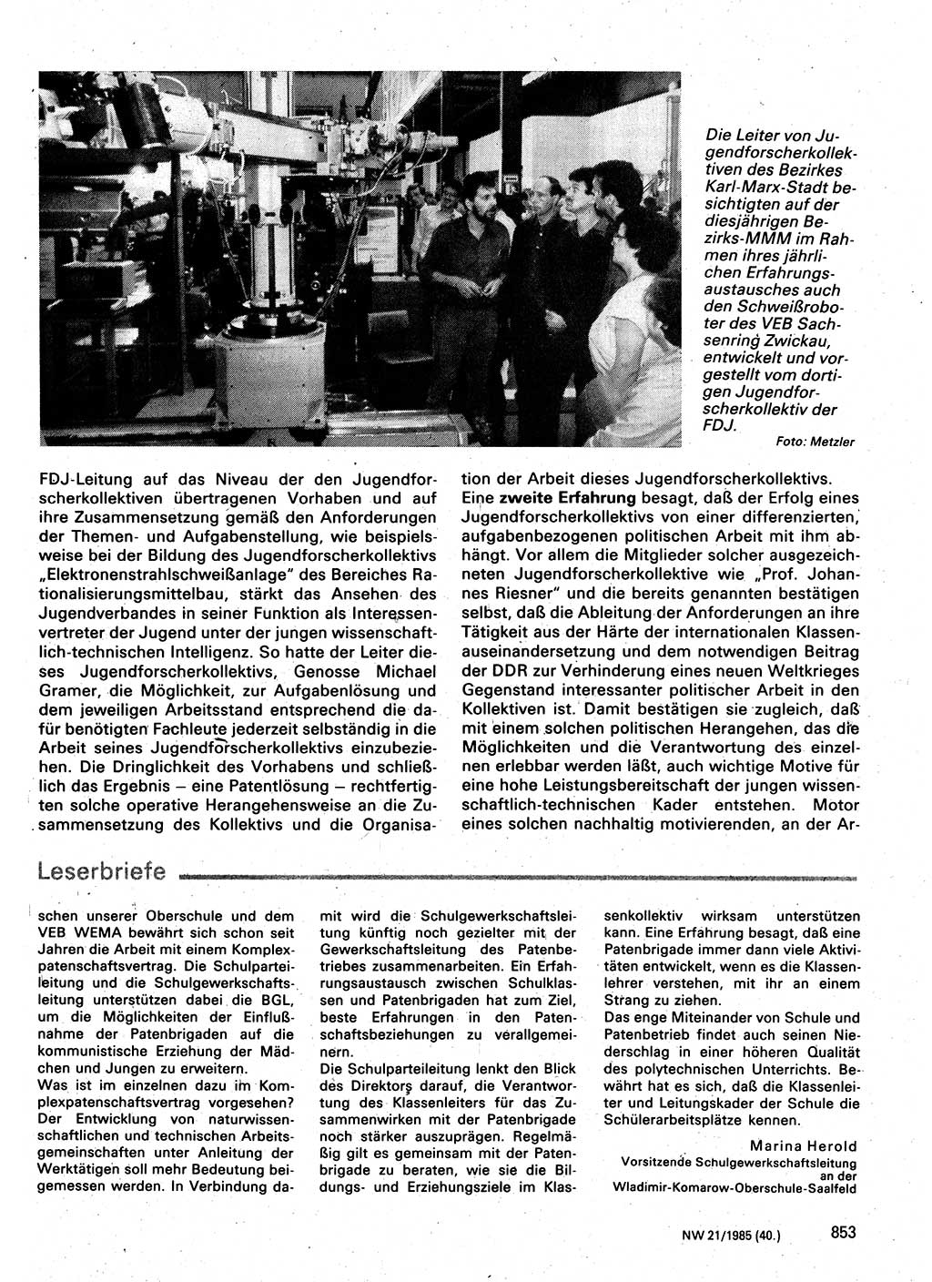 Neuer Weg (NW), Organ des Zentralkomitees (ZK) der SED (Sozialistische Einheitspartei Deutschlands) für Fragen des Parteilebens, 40. Jahrgang [Deutsche Demokratische Republik (DDR)] 1985, Seite 853 (NW ZK SED DDR 1985, S. 853)