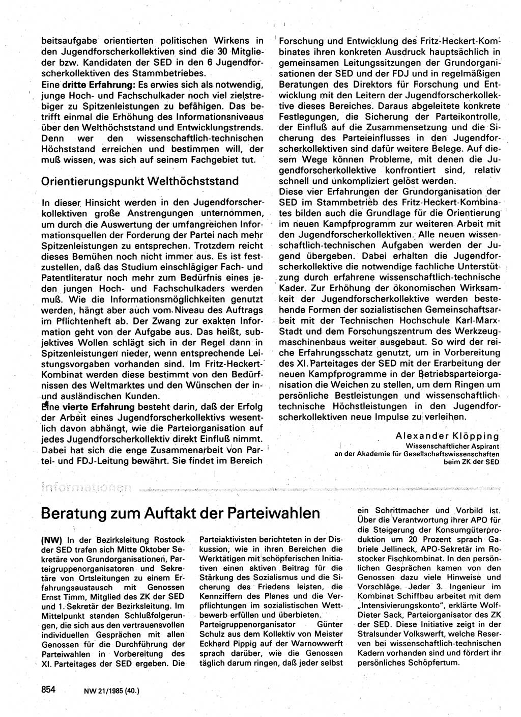 Neuer Weg (NW), Organ des Zentralkomitees (ZK) der SED (Sozialistische Einheitspartei Deutschlands) für Fragen des Parteilebens, 40. Jahrgang [Deutsche Demokratische Republik (DDR)] 1985, Seite 854 (NW ZK SED DDR 1985, S. 854)