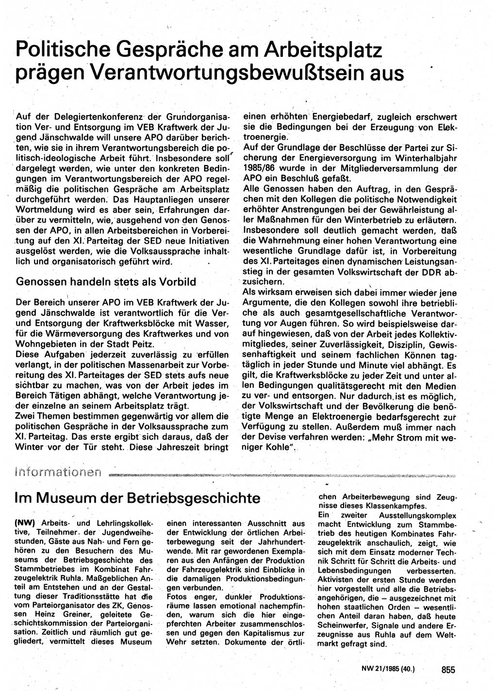 Neuer Weg (NW), Organ des Zentralkomitees (ZK) der SED (Sozialistische Einheitspartei Deutschlands) für Fragen des Parteilebens, 40. Jahrgang [Deutsche Demokratische Republik (DDR)] 1985, Seite 855 (NW ZK SED DDR 1985, S. 855)