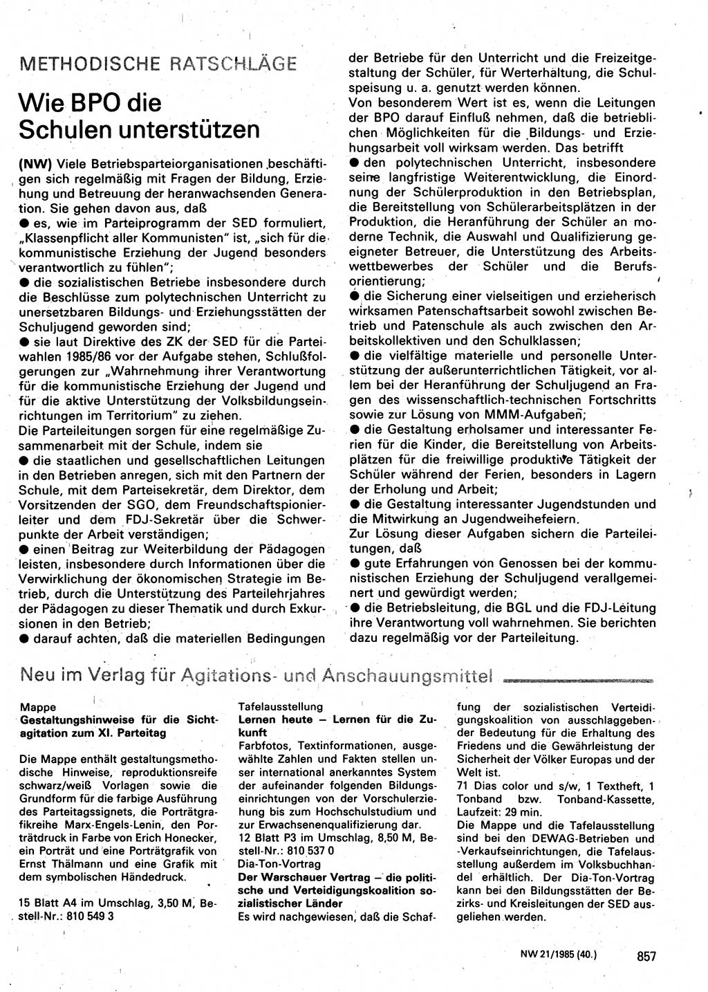 Neuer Weg (NW), Organ des Zentralkomitees (ZK) der SED (Sozialistische Einheitspartei Deutschlands) für Fragen des Parteilebens, 40. Jahrgang [Deutsche Demokratische Republik (DDR)] 1985, Seite 857 (NW ZK SED DDR 1985, S. 857)