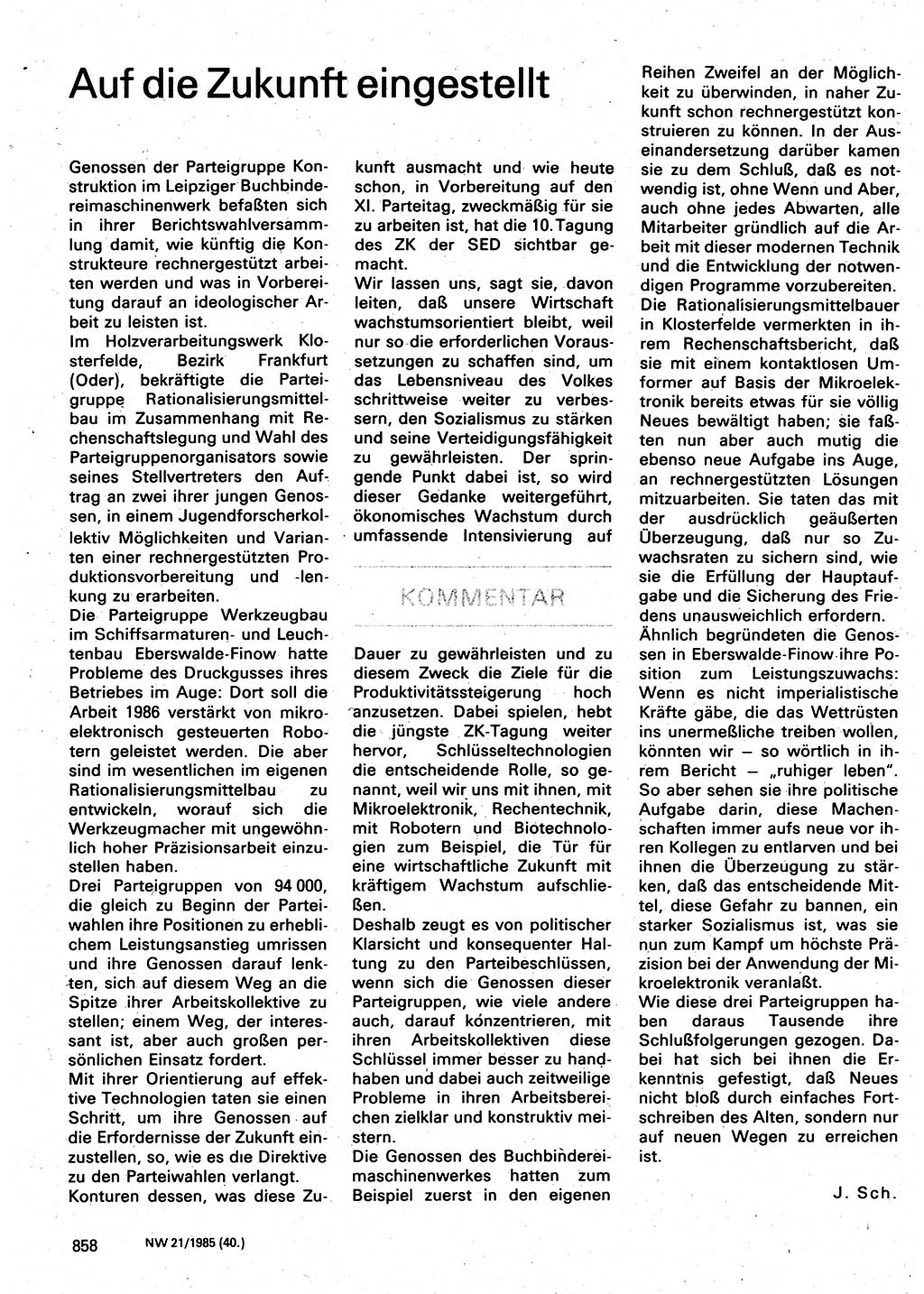 Neuer Weg (NW), Organ des Zentralkomitees (ZK) der SED (Sozialistische Einheitspartei Deutschlands) für Fragen des Parteilebens, 40. Jahrgang [Deutsche Demokratische Republik (DDR)] 1985, Seite 858 (NW ZK SED DDR 1985, S. 858)