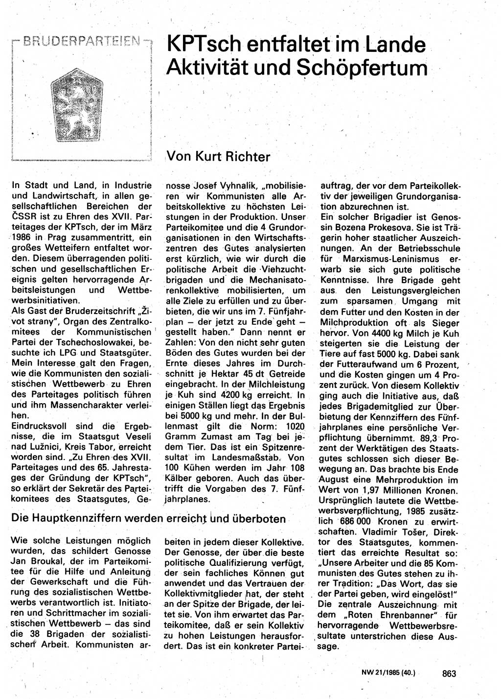 Neuer Weg (NW), Organ des Zentralkomitees (ZK) der SED (Sozialistische Einheitspartei Deutschlands) für Fragen des Parteilebens, 40. Jahrgang [Deutsche Demokratische Republik (DDR)] 1985, Seite 863 (NW ZK SED DDR 1985, S. 863)