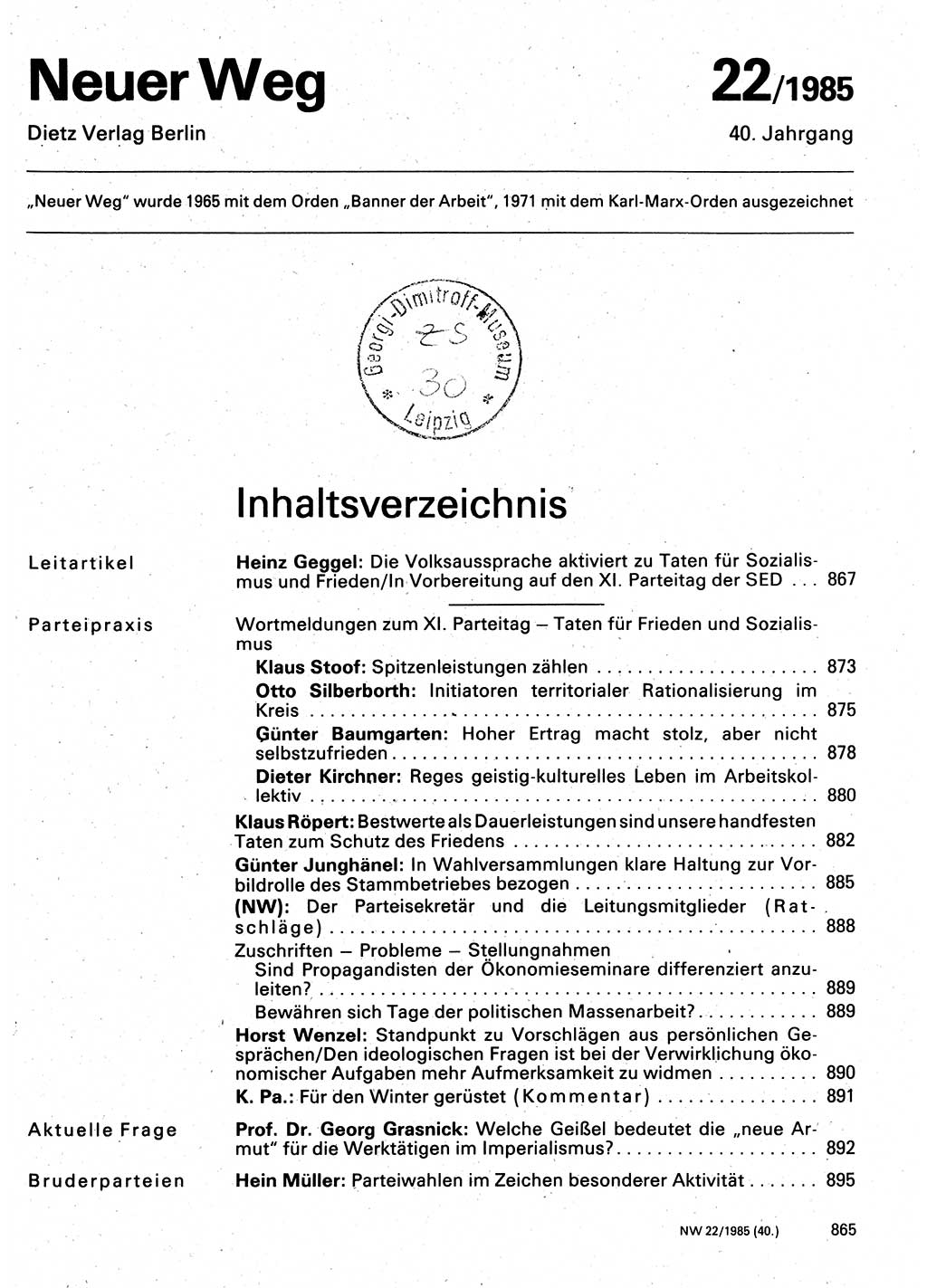 Neuer Weg (NW), Organ des Zentralkomitees (ZK) der SED (Sozialistische Einheitspartei Deutschlands) für Fragen des Parteilebens, 40. Jahrgang [Deutsche Demokratische Republik (DDR)] 1985, Seite 865 (NW ZK SED DDR 1985, S. 865)