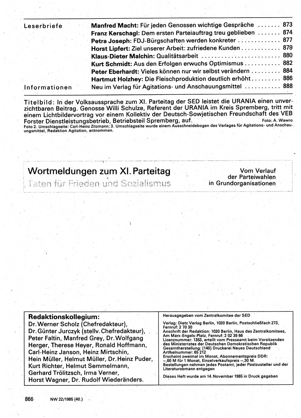 Neuer Weg (NW), Organ des Zentralkomitees (ZK) der SED (Sozialistische Einheitspartei Deutschlands) für Fragen des Parteilebens, 40. Jahrgang [Deutsche Demokratische Republik (DDR)] 1985, Seite 866 (NW ZK SED DDR 1985, S. 866)