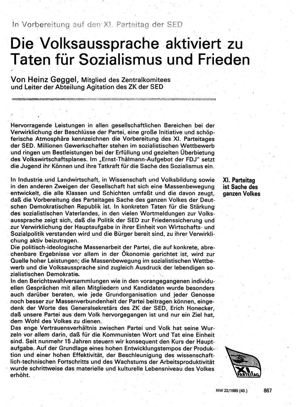 Neuer Weg (NW), Organ des Zentralkomitees (ZK) der SED (Sozialistische Einheitspartei Deutschlands) für Fragen des Parteilebens, 40. Jahrgang [Deutsche Demokratische Republik (DDR)] 1985, Seite 867 (NW ZK SED DDR 1985, S. 867)