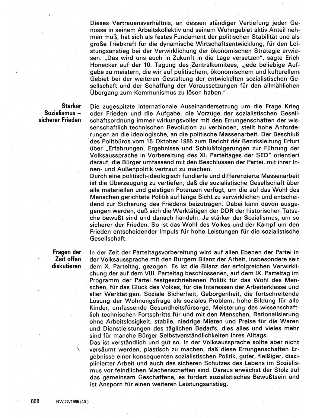 Neuer Weg (NW), Organ des Zentralkomitees (ZK) der SED (Sozialistische Einheitspartei Deutschlands) für Fragen des Parteilebens, 40. Jahrgang [Deutsche Demokratische Republik (DDR)] 1985, Seite 868 (NW ZK SED DDR 1985, S. 868)