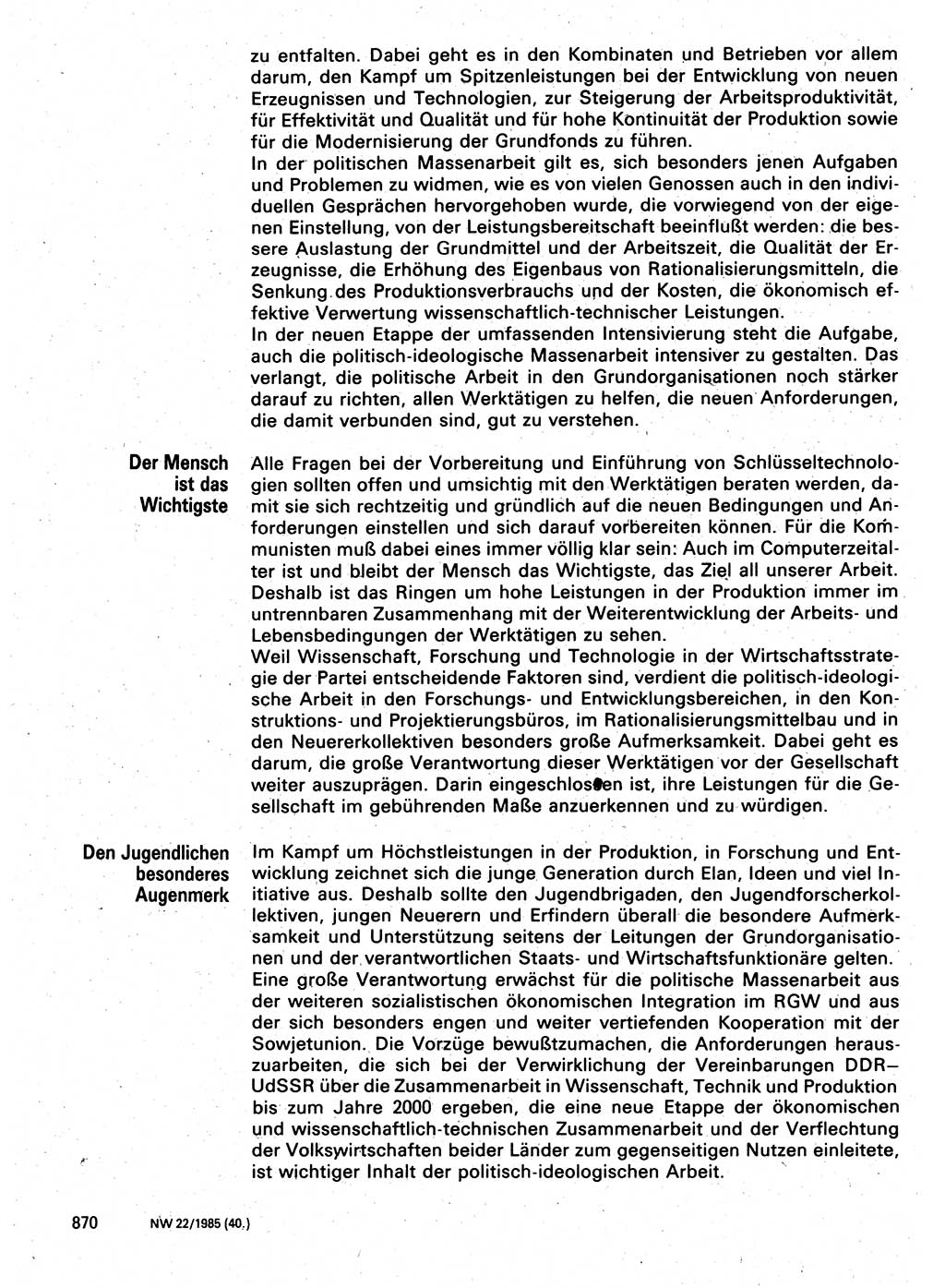 Neuer Weg (NW), Organ des Zentralkomitees (ZK) der SED (Sozialistische Einheitspartei Deutschlands) für Fragen des Parteilebens, 40. Jahrgang [Deutsche Demokratische Republik (DDR)] 1985, Seite 870 (NW ZK SED DDR 1985, S. 870)