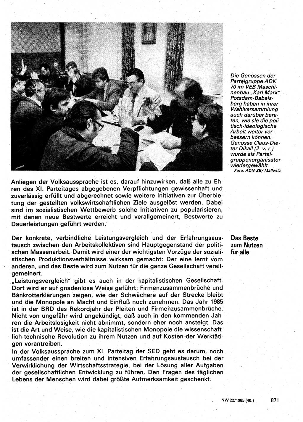 Neuer Weg (NW), Organ des Zentralkomitees (ZK) der SED (Sozialistische Einheitspartei Deutschlands) für Fragen des Parteilebens, 40. Jahrgang [Deutsche Demokratische Republik (DDR)] 1985, Seite 871 (NW ZK SED DDR 1985, S. 871)