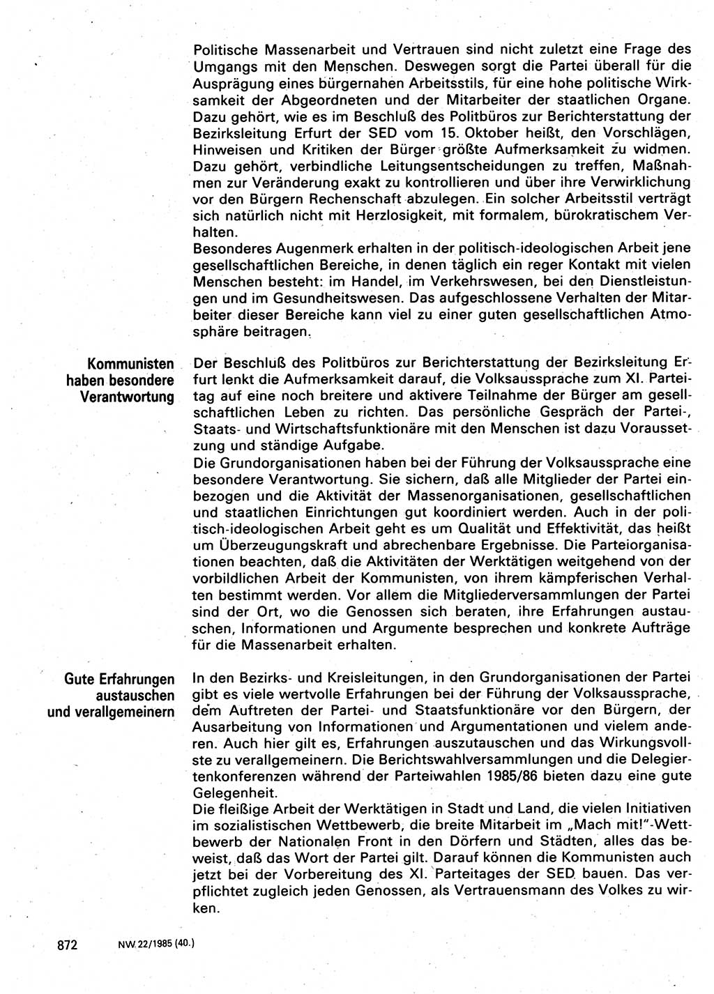 Neuer Weg (NW), Organ des Zentralkomitees (ZK) der SED (Sozialistische Einheitspartei Deutschlands) für Fragen des Parteilebens, 40. Jahrgang [Deutsche Demokratische Republik (DDR)] 1985, Seite 872 (NW ZK SED DDR 1985, S. 872)