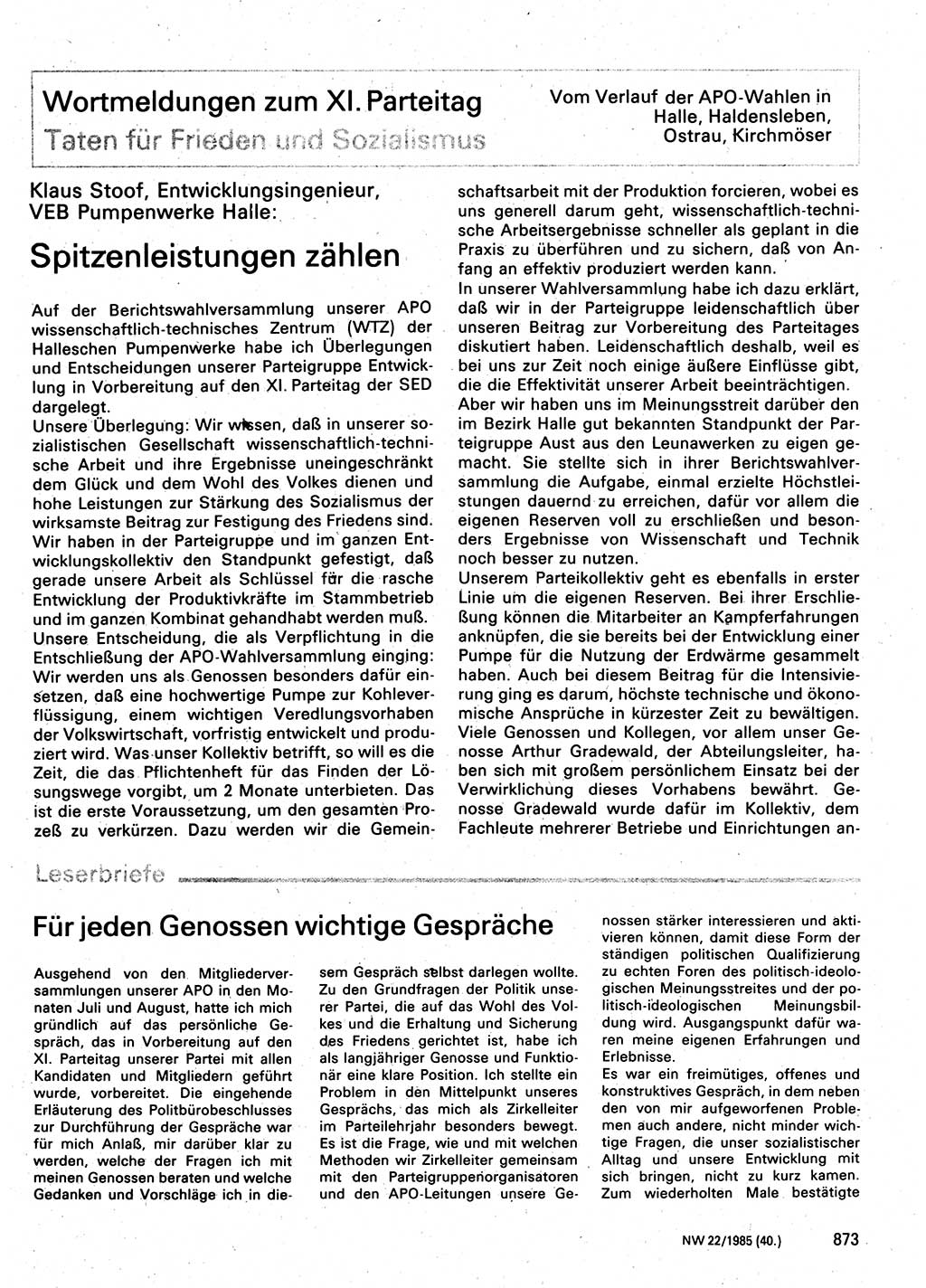 Neuer Weg (NW), Organ des Zentralkomitees (ZK) der SED (Sozialistische Einheitspartei Deutschlands) für Fragen des Parteilebens, 40. Jahrgang [Deutsche Demokratische Republik (DDR)] 1985, Seite 873 (NW ZK SED DDR 1985, S. 873)