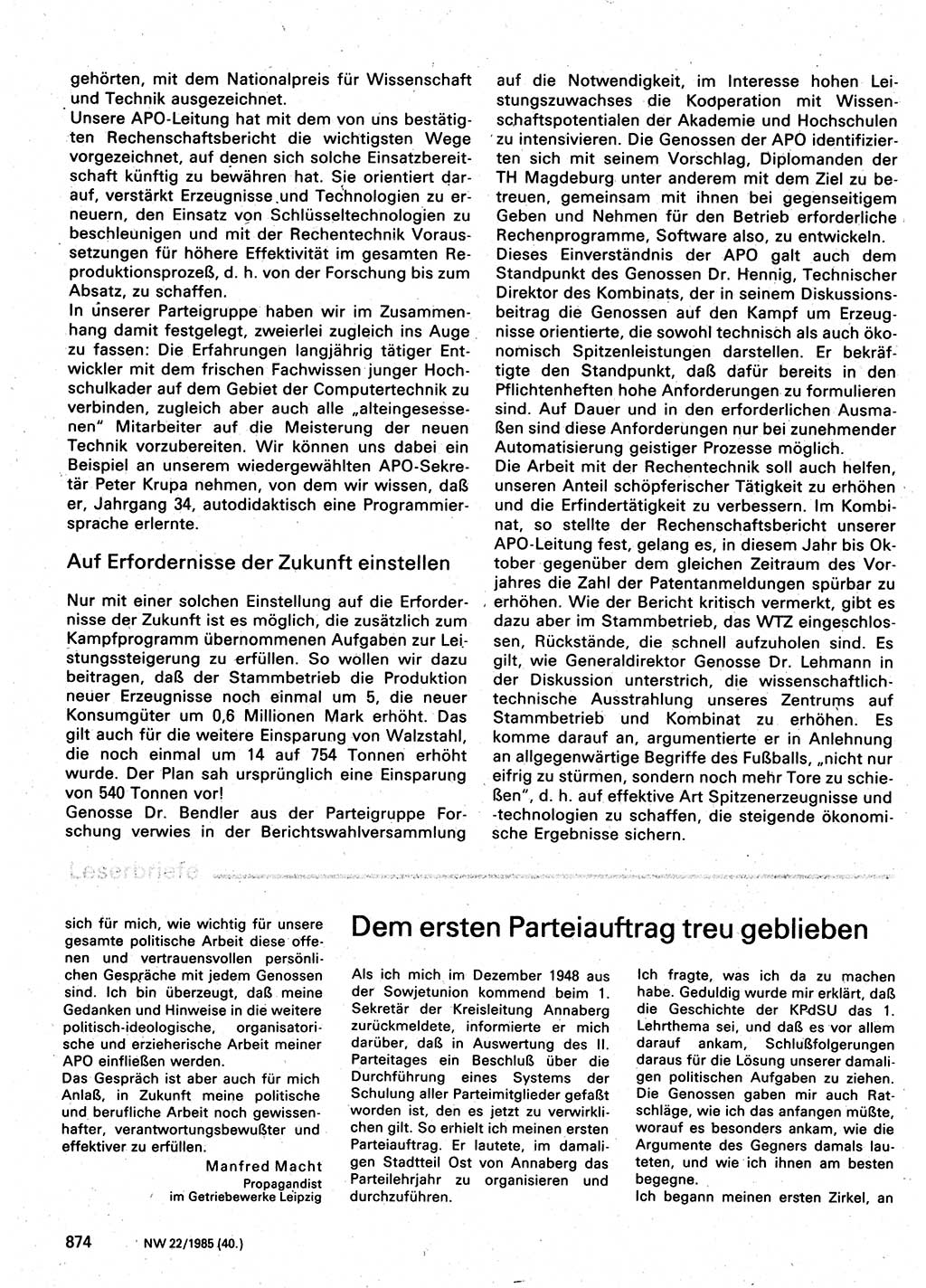 Neuer Weg (NW), Organ des Zentralkomitees (ZK) der SED (Sozialistische Einheitspartei Deutschlands) für Fragen des Parteilebens, 40. Jahrgang [Deutsche Demokratische Republik (DDR)] 1985, Seite 874 (NW ZK SED DDR 1985, S. 874)