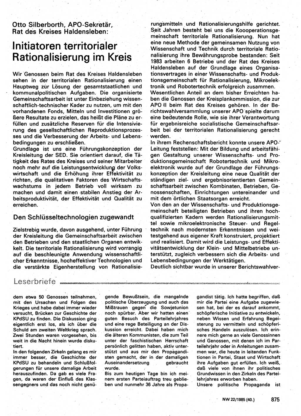 Neuer Weg (NW), Organ des Zentralkomitees (ZK) der SED (Sozialistische Einheitspartei Deutschlands) für Fragen des Parteilebens, 40. Jahrgang [Deutsche Demokratische Republik (DDR)] 1985, Seite 875 (NW ZK SED DDR 1985, S. 875)