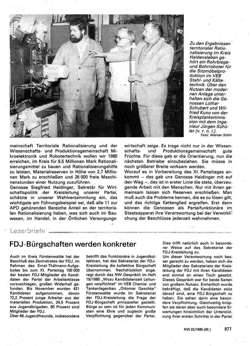 Neuer Weg (NW), Organ des Zentralkomitees (ZK) der SED (Sozialistische Einheitspartei Deutschlands) für Fragen des Parteilebens, 40. Jahrgang [Deutsche Demokratische Republik (DDR)] 1985, Seite 877 (NW ZK SED DDR 1985, S. 877)