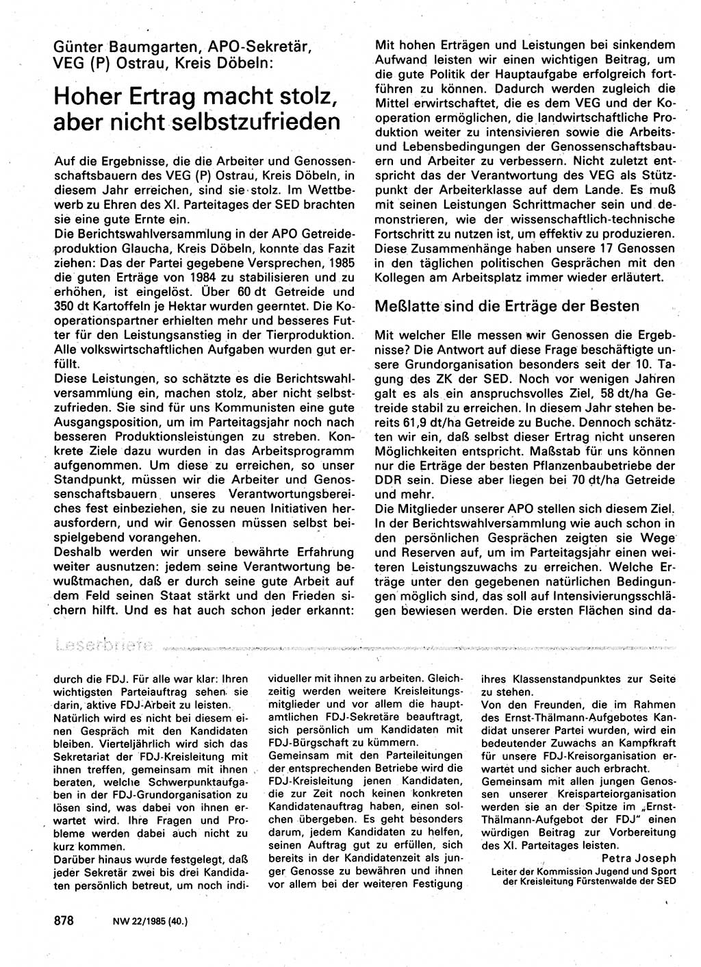 Neuer Weg (NW), Organ des Zentralkomitees (ZK) der SED (Sozialistische Einheitspartei Deutschlands) für Fragen des Parteilebens, 40. Jahrgang [Deutsche Demokratische Republik (DDR)] 1985, Seite 878 (NW ZK SED DDR 1985, S. 878)