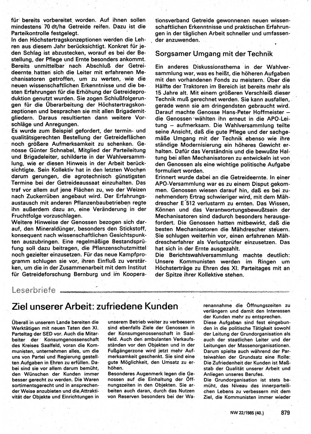 Neuer Weg (NW), Organ des Zentralkomitees (ZK) der SED (Sozialistische Einheitspartei Deutschlands) für Fragen des Parteilebens, 40. Jahrgang [Deutsche Demokratische Republik (DDR)] 1985, Seite 879 (NW ZK SED DDR 1985, S. 879)