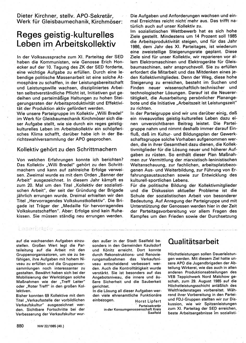 Neuer Weg (NW), Organ des Zentralkomitees (ZK) der SED (Sozialistische Einheitspartei Deutschlands) für Fragen des Parteilebens, 40. Jahrgang [Deutsche Demokratische Republik (DDR)] 1985, Seite 880 (NW ZK SED DDR 1985, S. 880)