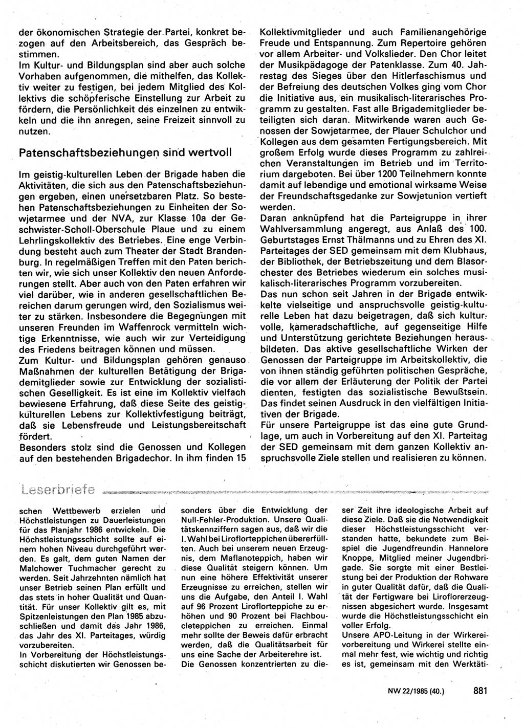 Neuer Weg (NW), Organ des Zentralkomitees (ZK) der SED (Sozialistische Einheitspartei Deutschlands) für Fragen des Parteilebens, 40. Jahrgang [Deutsche Demokratische Republik (DDR)] 1985, Seite 881 (NW ZK SED DDR 1985, S. 881)