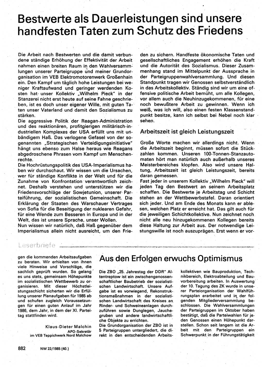 Neuer Weg (NW), Organ des Zentralkomitees (ZK) der SED (Sozialistische Einheitspartei Deutschlands) für Fragen des Parteilebens, 40. Jahrgang [Deutsche Demokratische Republik (DDR)] 1985, Seite 882 (NW ZK SED DDR 1985, S. 882)