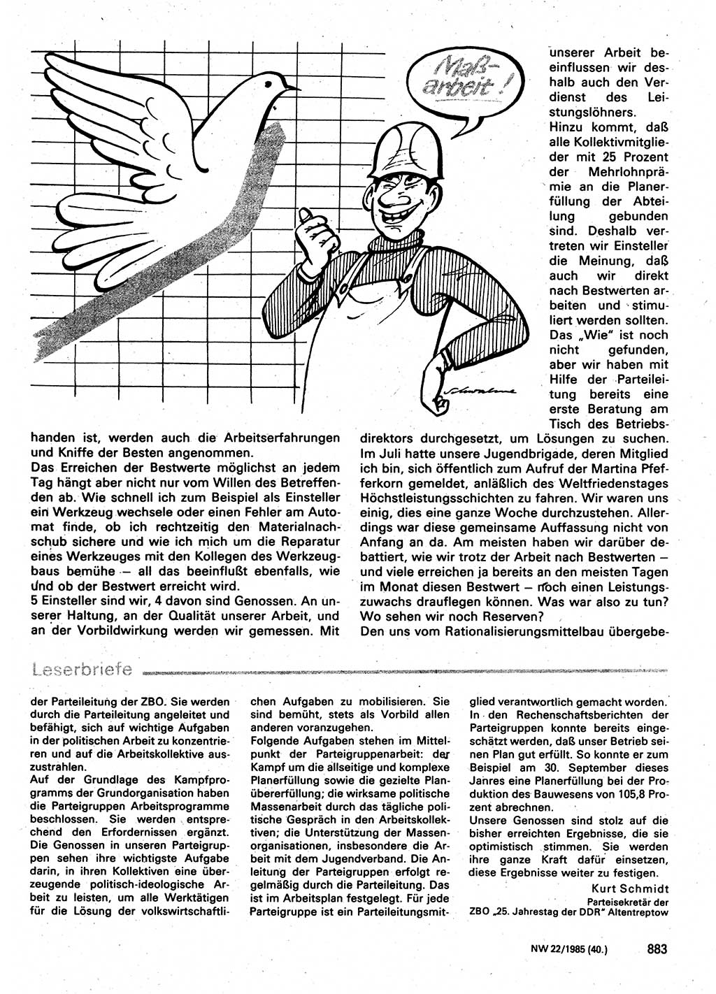 Neuer Weg (NW), Organ des Zentralkomitees (ZK) der SED (Sozialistische Einheitspartei Deutschlands) für Fragen des Parteilebens, 40. Jahrgang [Deutsche Demokratische Republik (DDR)] 1985, Seite 883 (NW ZK SED DDR 1985, S. 883)