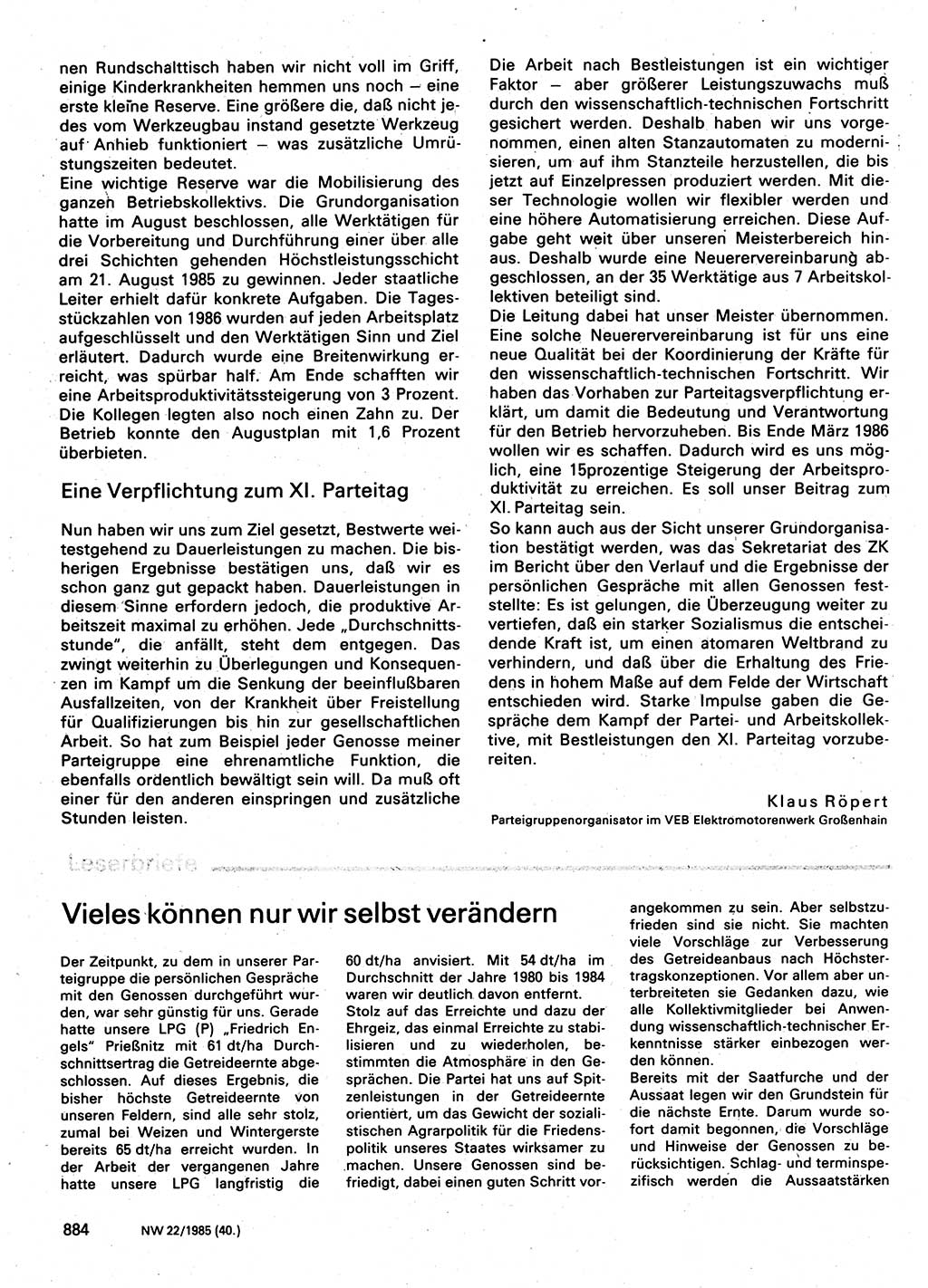 Neuer Weg (NW), Organ des Zentralkomitees (ZK) der SED (Sozialistische Einheitspartei Deutschlands) für Fragen des Parteilebens, 40. Jahrgang [Deutsche Demokratische Republik (DDR)] 1985, Seite 884 (NW ZK SED DDR 1985, S. 884)