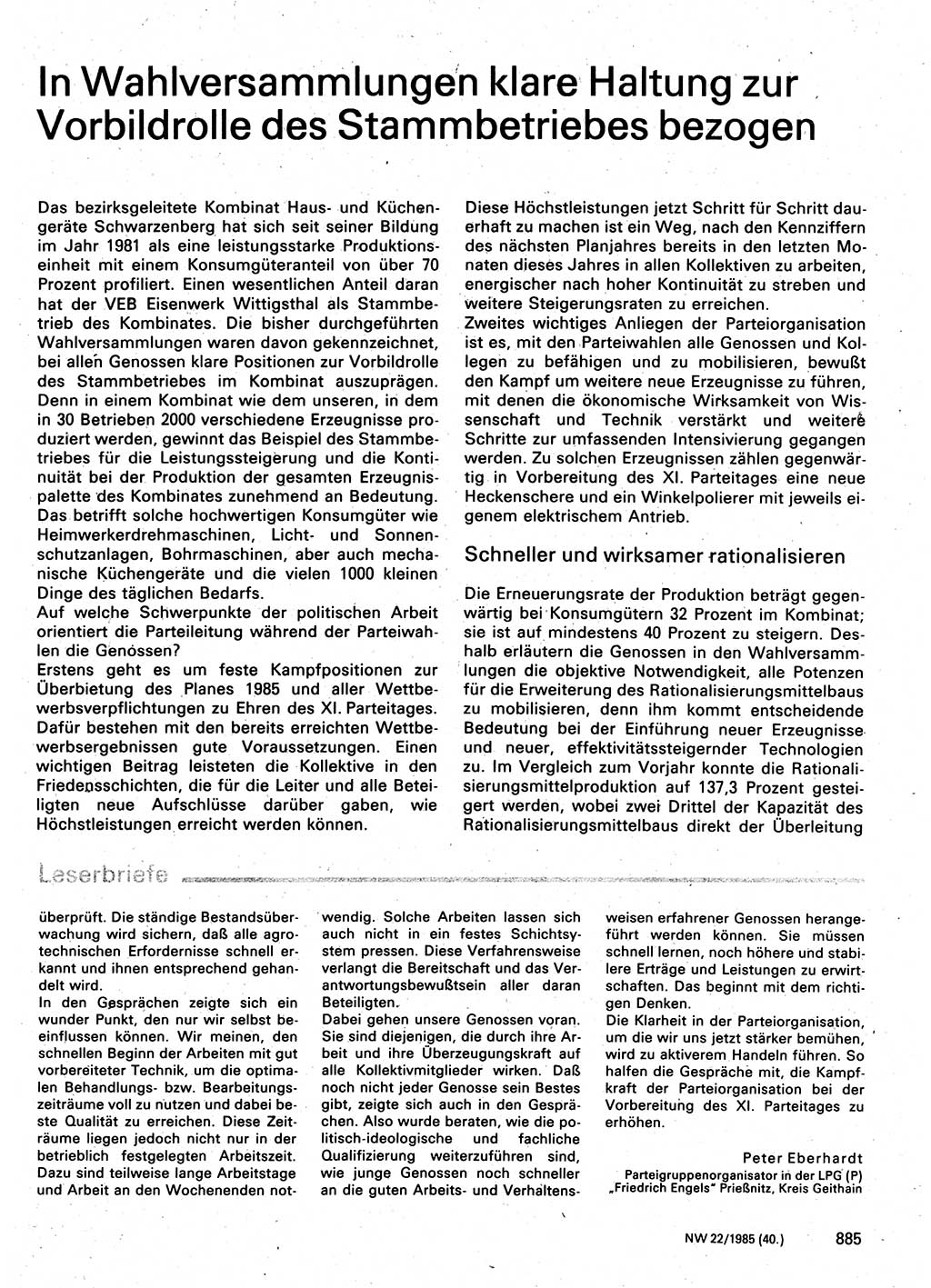 Neuer Weg (NW), Organ des Zentralkomitees (ZK) der SED (Sozialistische Einheitspartei Deutschlands) für Fragen des Parteilebens, 40. Jahrgang [Deutsche Demokratische Republik (DDR)] 1985, Seite 885 (NW ZK SED DDR 1985, S. 885)