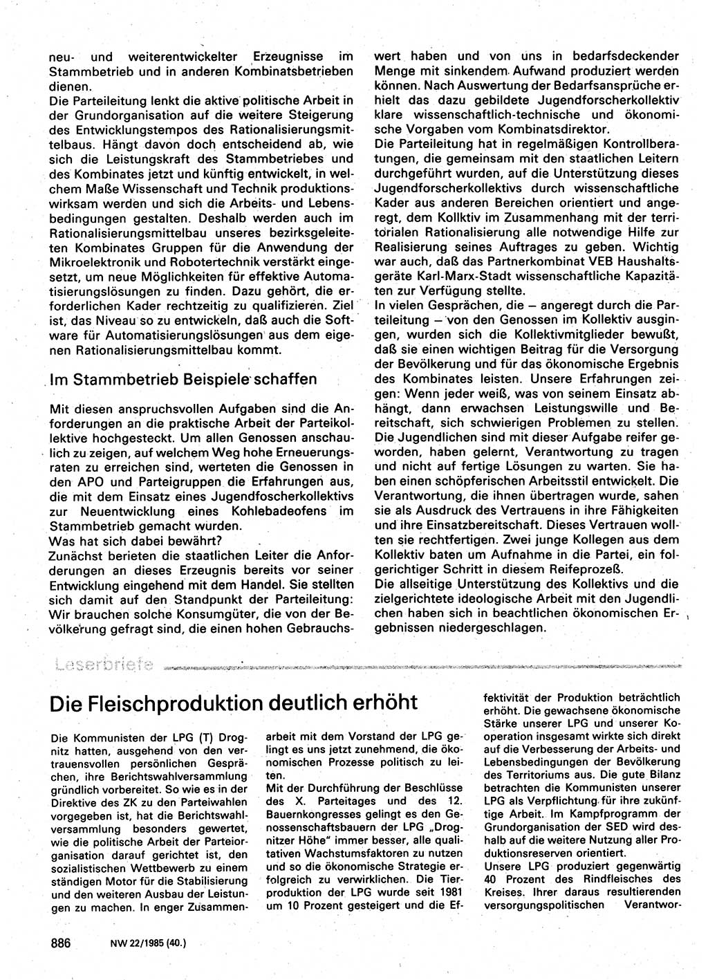 Neuer Weg (NW), Organ des Zentralkomitees (ZK) der SED (Sozialistische Einheitspartei Deutschlands) für Fragen des Parteilebens, 40. Jahrgang [Deutsche Demokratische Republik (DDR)] 1985, Seite 886 (NW ZK SED DDR 1985, S. 886)