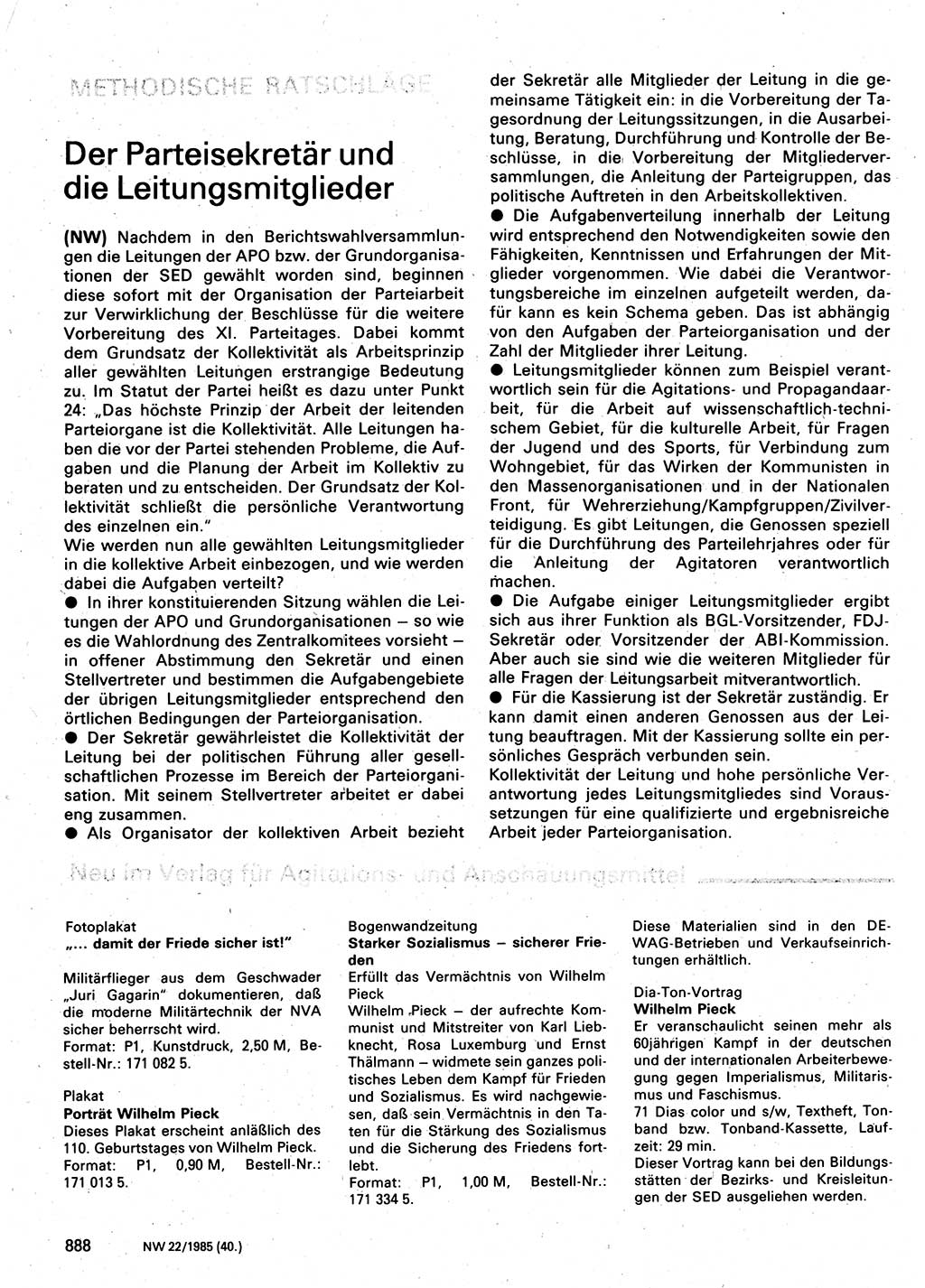Neuer Weg (NW), Organ des Zentralkomitees (ZK) der SED (Sozialistische Einheitspartei Deutschlands) für Fragen des Parteilebens, 40. Jahrgang [Deutsche Demokratische Republik (DDR)] 1985, Seite 888 (NW ZK SED DDR 1985, S. 888)