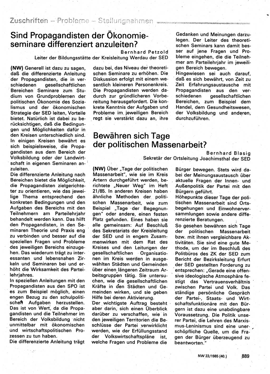 Neuer Weg (NW), Organ des Zentralkomitees (ZK) der SED (Sozialistische Einheitspartei Deutschlands) für Fragen des Parteilebens, 40. Jahrgang [Deutsche Demokratische Republik (DDR)] 1985, Seite 889 (NW ZK SED DDR 1985, S. 889)