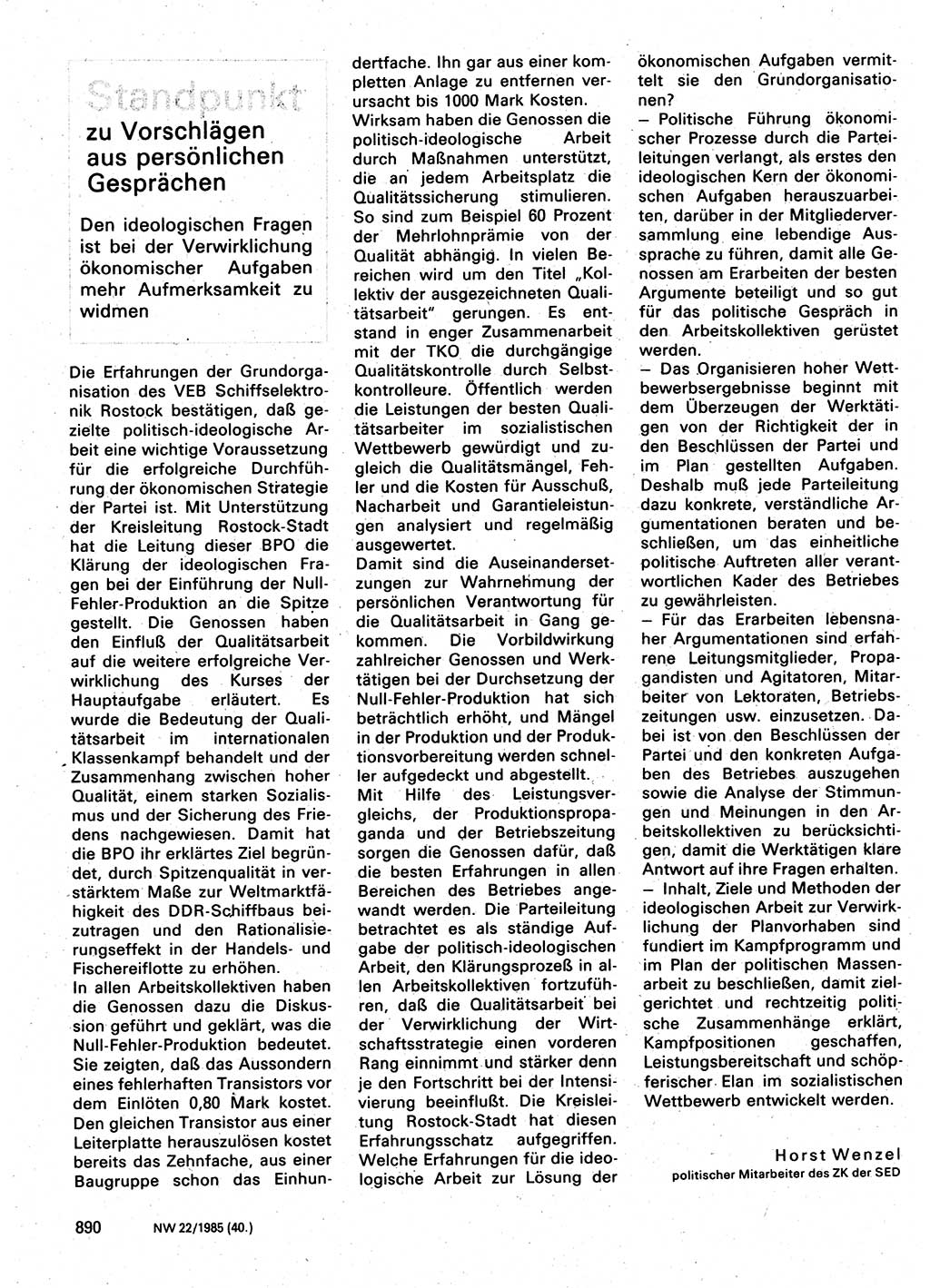 Neuer Weg (NW), Organ des Zentralkomitees (ZK) der SED (Sozialistische Einheitspartei Deutschlands) für Fragen des Parteilebens, 40. Jahrgang [Deutsche Demokratische Republik (DDR)] 1985, Seite 890 (NW ZK SED DDR 1985, S. 890)