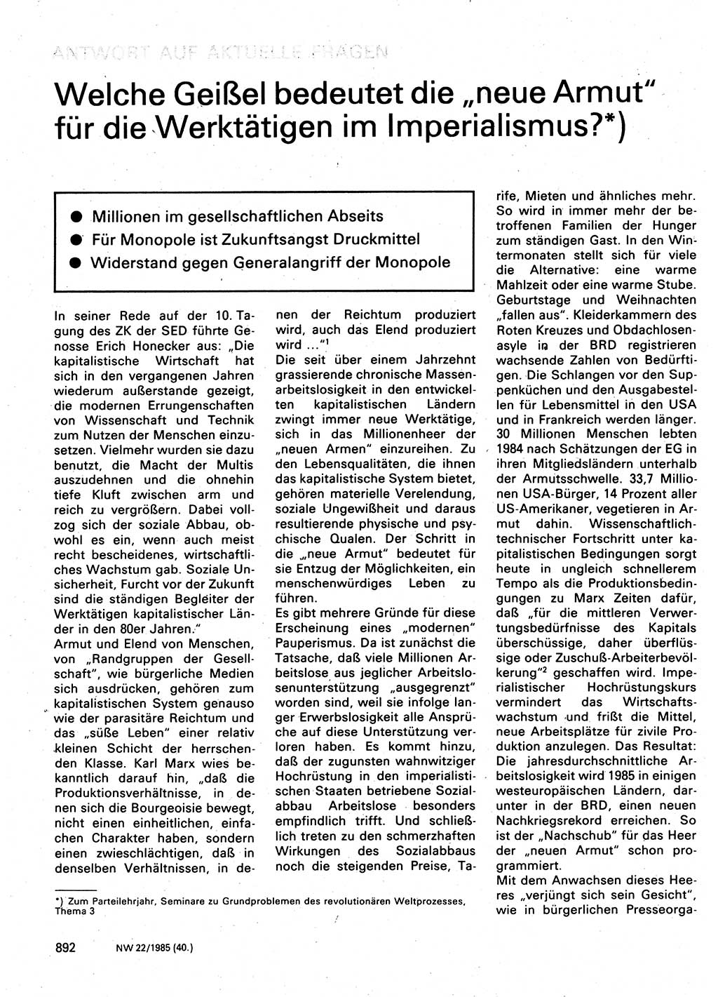 Neuer Weg (NW), Organ des Zentralkomitees (ZK) der SED (Sozialistische Einheitspartei Deutschlands) für Fragen des Parteilebens, 40. Jahrgang [Deutsche Demokratische Republik (DDR)] 1985, Seite 892 (NW ZK SED DDR 1985, S. 892)