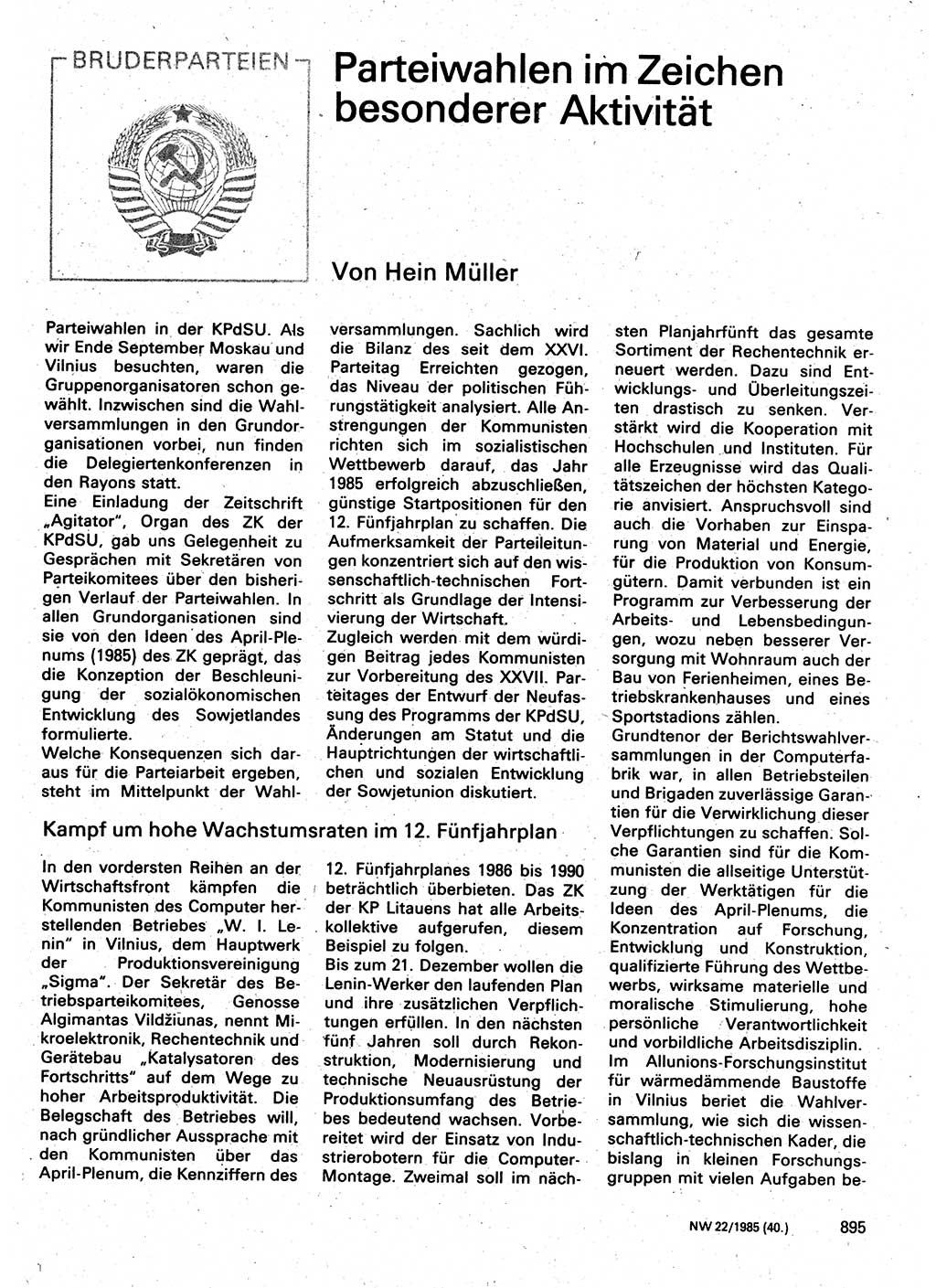 Neuer Weg (NW), Organ des Zentralkomitees (ZK) der SED (Sozialistische Einheitspartei Deutschlands) für Fragen des Parteilebens, 40. Jahrgang [Deutsche Demokratische Republik (DDR)] 1985, Seite 895 (NW ZK SED DDR 1985, S. 895)