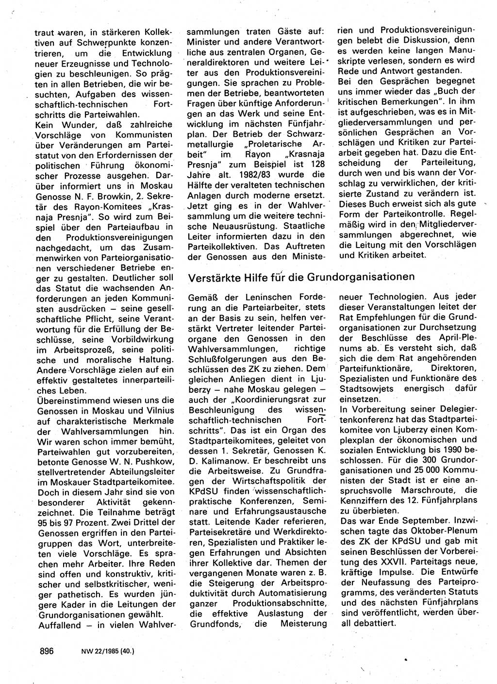 Neuer Weg (NW), Organ des Zentralkomitees (ZK) der SED (Sozialistische Einheitspartei Deutschlands) für Fragen des Parteilebens, 40. Jahrgang [Deutsche Demokratische Republik (DDR)] 1985, Seite 896 (NW ZK SED DDR 1985, S. 896)