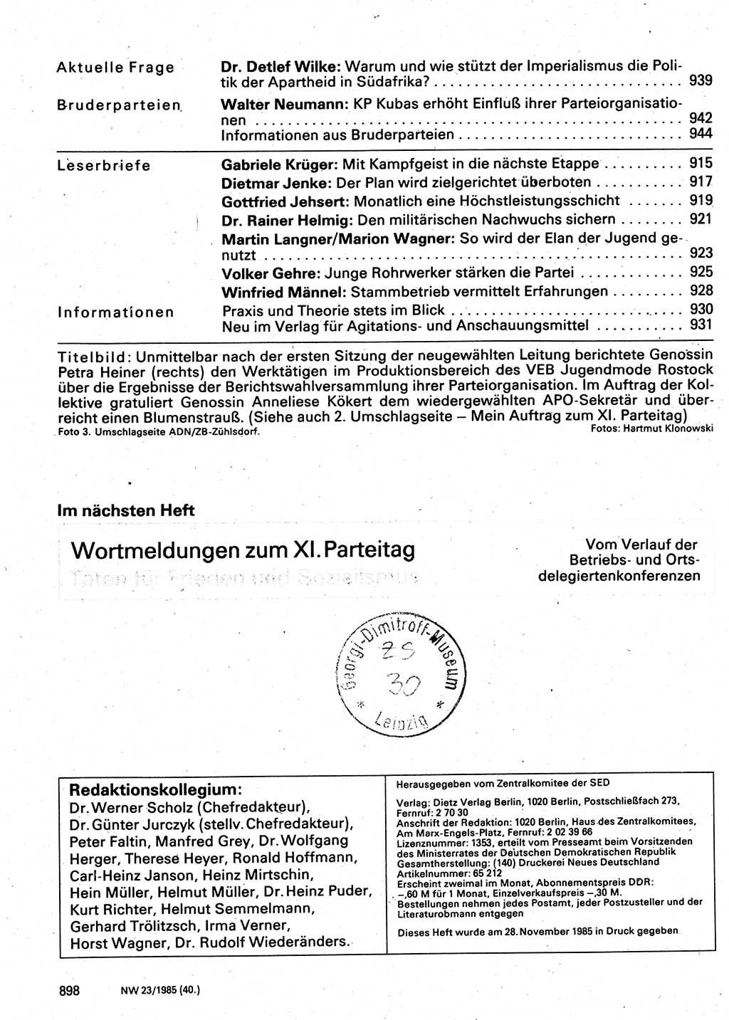 Neuer Weg (NW), Organ des Zentralkomitees (ZK) der SED (Sozialistische Einheitspartei Deutschlands) für Fragen des Parteilebens, 40. Jahrgang [Deutsche Demokratische Republik (DDR)] 1985, Seite 898 (NW ZK SED DDR 1985, S. 898)