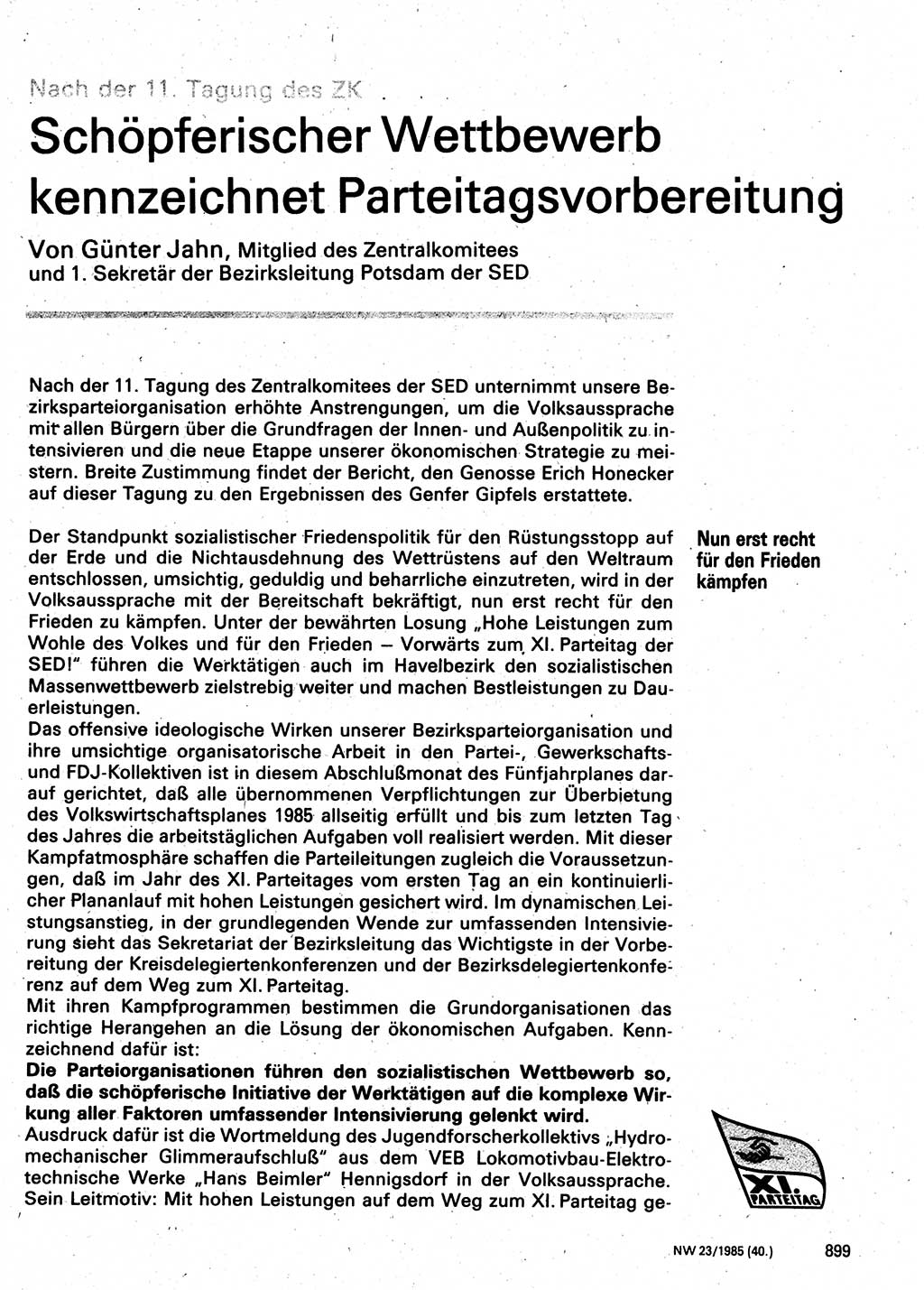 Neuer Weg (NW), Organ des Zentralkomitees (ZK) der SED (Sozialistische Einheitspartei Deutschlands) für Fragen des Parteilebens, 40. Jahrgang [Deutsche Demokratische Republik (DDR)] 1985, Seite 899 (NW ZK SED DDR 1985, S. 899)