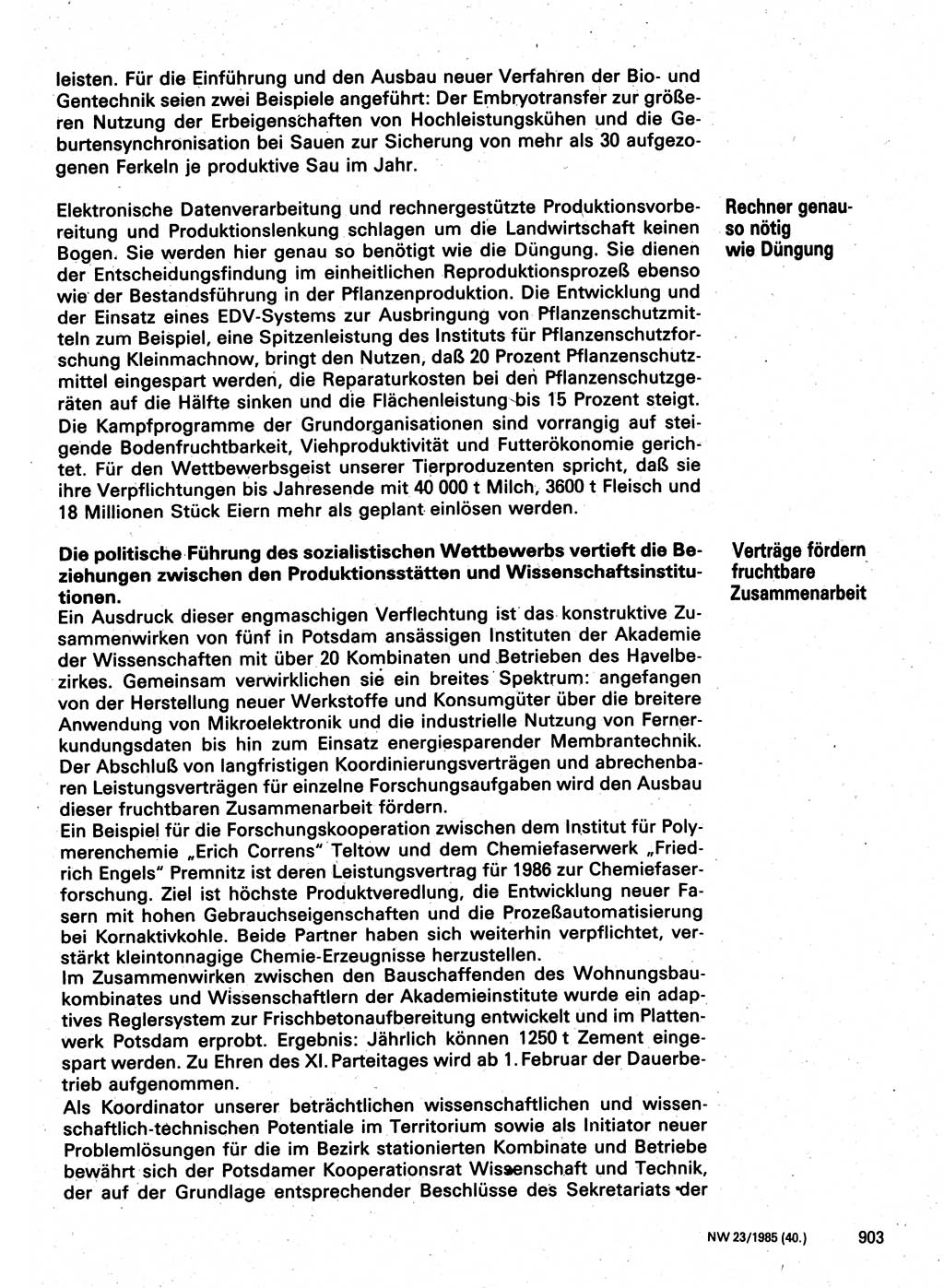 Neuer Weg (NW), Organ des Zentralkomitees (ZK) der SED (Sozialistische Einheitspartei Deutschlands) für Fragen des Parteilebens, 40. Jahrgang [Deutsche Demokratische Republik (DDR)] 1985, Seite 903 (NW ZK SED DDR 1985, S. 903)