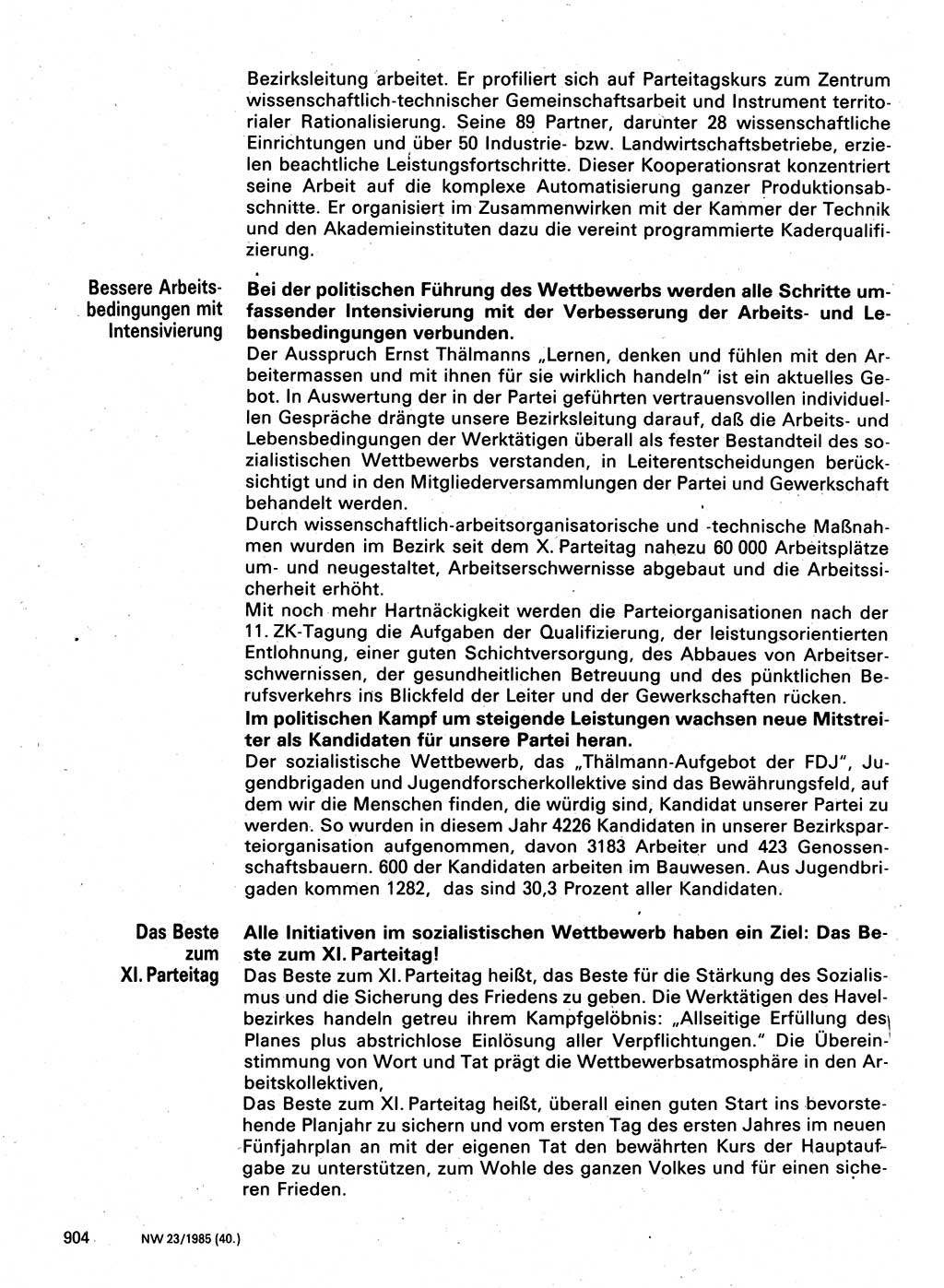 Neuer Weg (NW), Organ des Zentralkomitees (ZK) der SED (Sozialistische Einheitspartei Deutschlands) für Fragen des Parteilebens, 40. Jahrgang [Deutsche Demokratische Republik (DDR)] 1985, Seite 904 (NW ZK SED DDR 1985, S. 904)