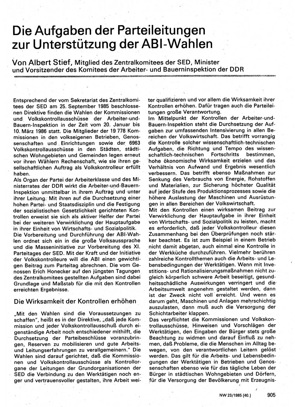 Neuer Weg (NW), Organ des Zentralkomitees (ZK) der SED (Sozialistische Einheitspartei Deutschlands) für Fragen des Parteilebens, 40. Jahrgang [Deutsche Demokratische Republik (DDR)] 1985, Seite 905 (NW ZK SED DDR 1985, S. 905)
