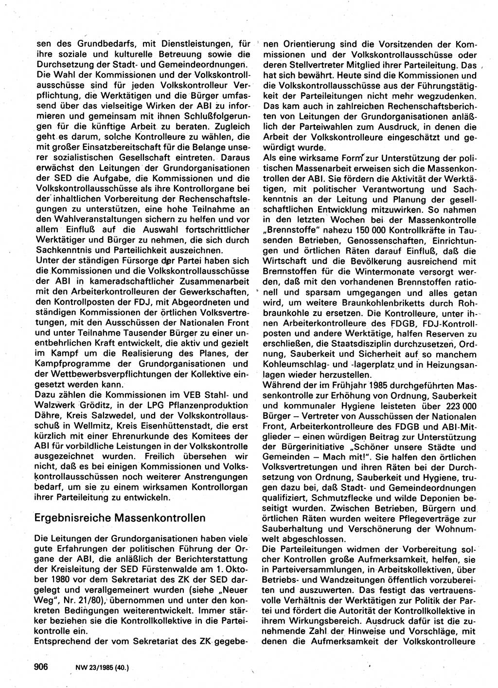 Neuer Weg (NW), Organ des Zentralkomitees (ZK) der SED (Sozialistische Einheitspartei Deutschlands) für Fragen des Parteilebens, 40. Jahrgang [Deutsche Demokratische Republik (DDR)] 1985, Seite 906 (NW ZK SED DDR 1985, S. 906)